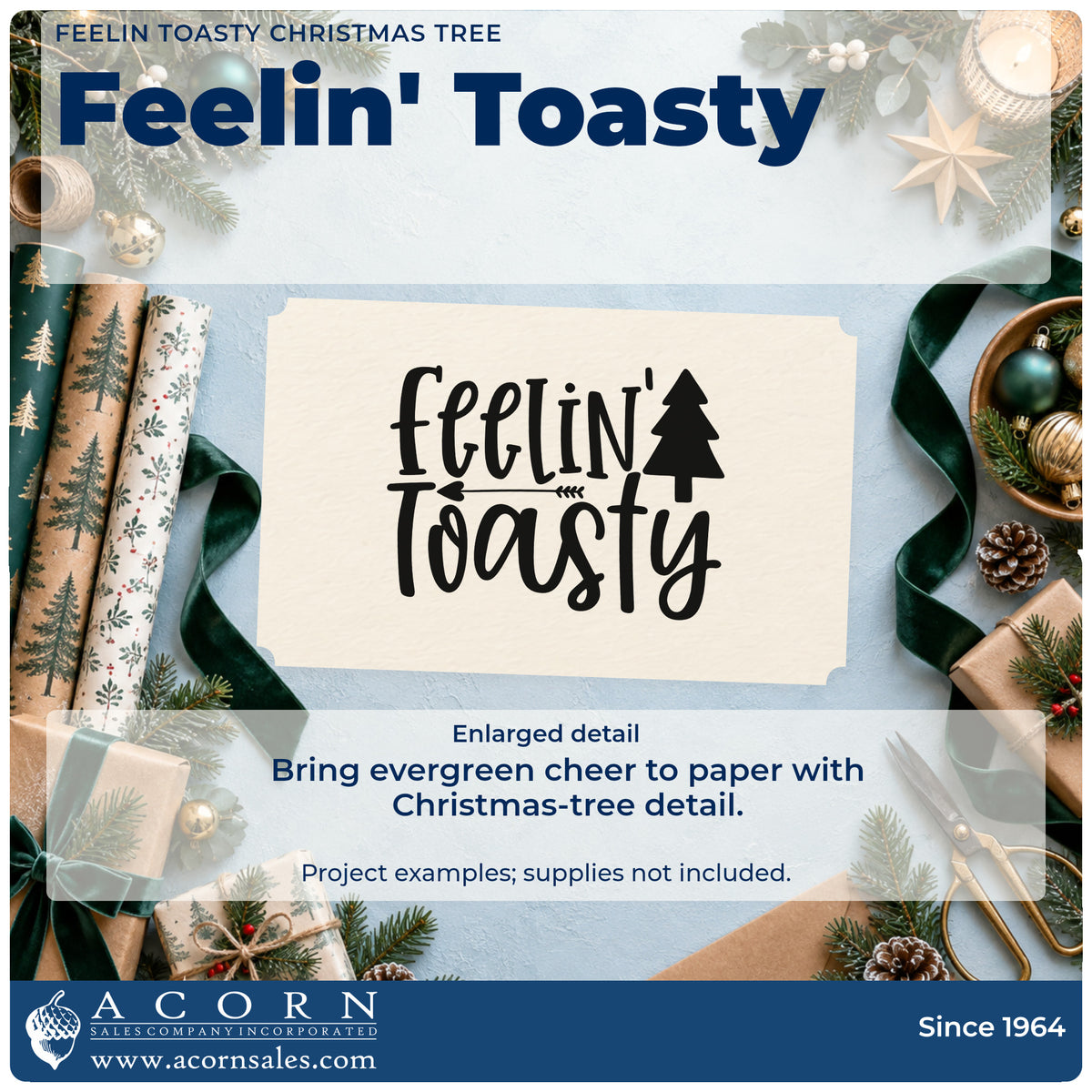 Enlarged detail of the Feelin Toasty Christmas Tree Premium Wooden Stamp – Vintage Pro imprint. The words "Feelin' toasty" appear with a solid Christmas tree and small arrow divider.