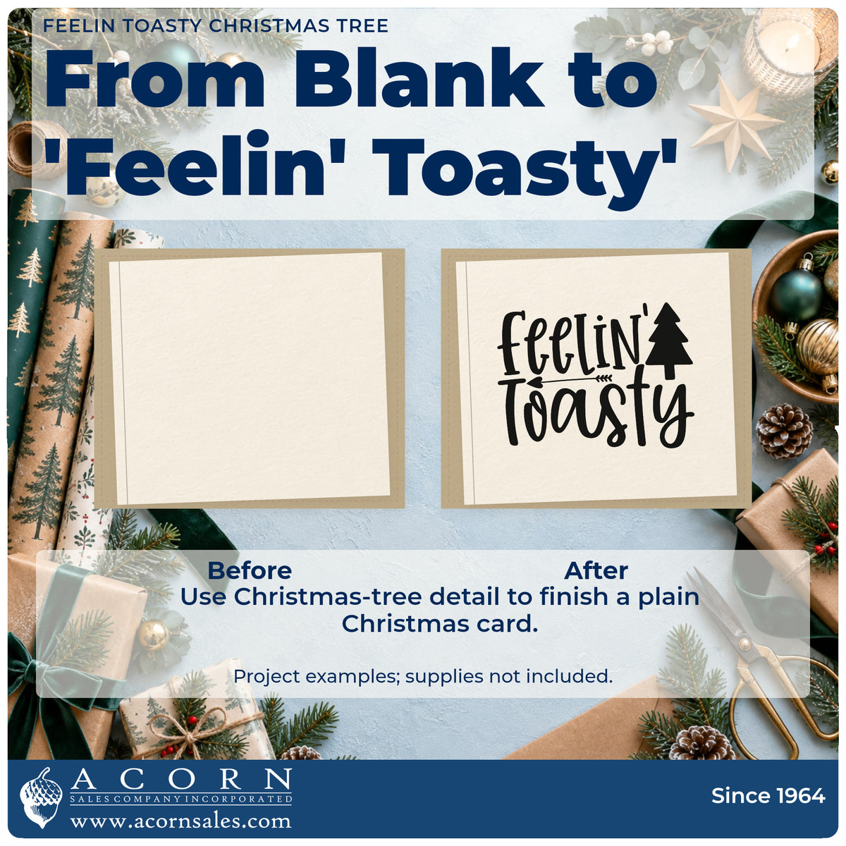 Before and after of a plain item finished with the Feelin Toasty Christmas Tree Rubber Stamp – Duo Hand, a quick upgrade for framed hearth ledge.