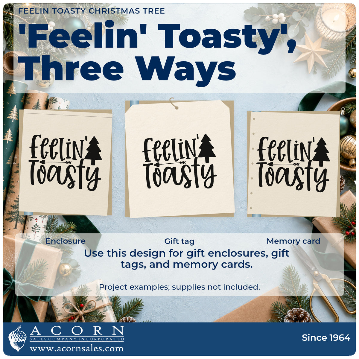 Three project examples made with the Feelin Toasty Christmas Tree Premium Wooden Stamp – Vintage Pro, including firewood log sheet.