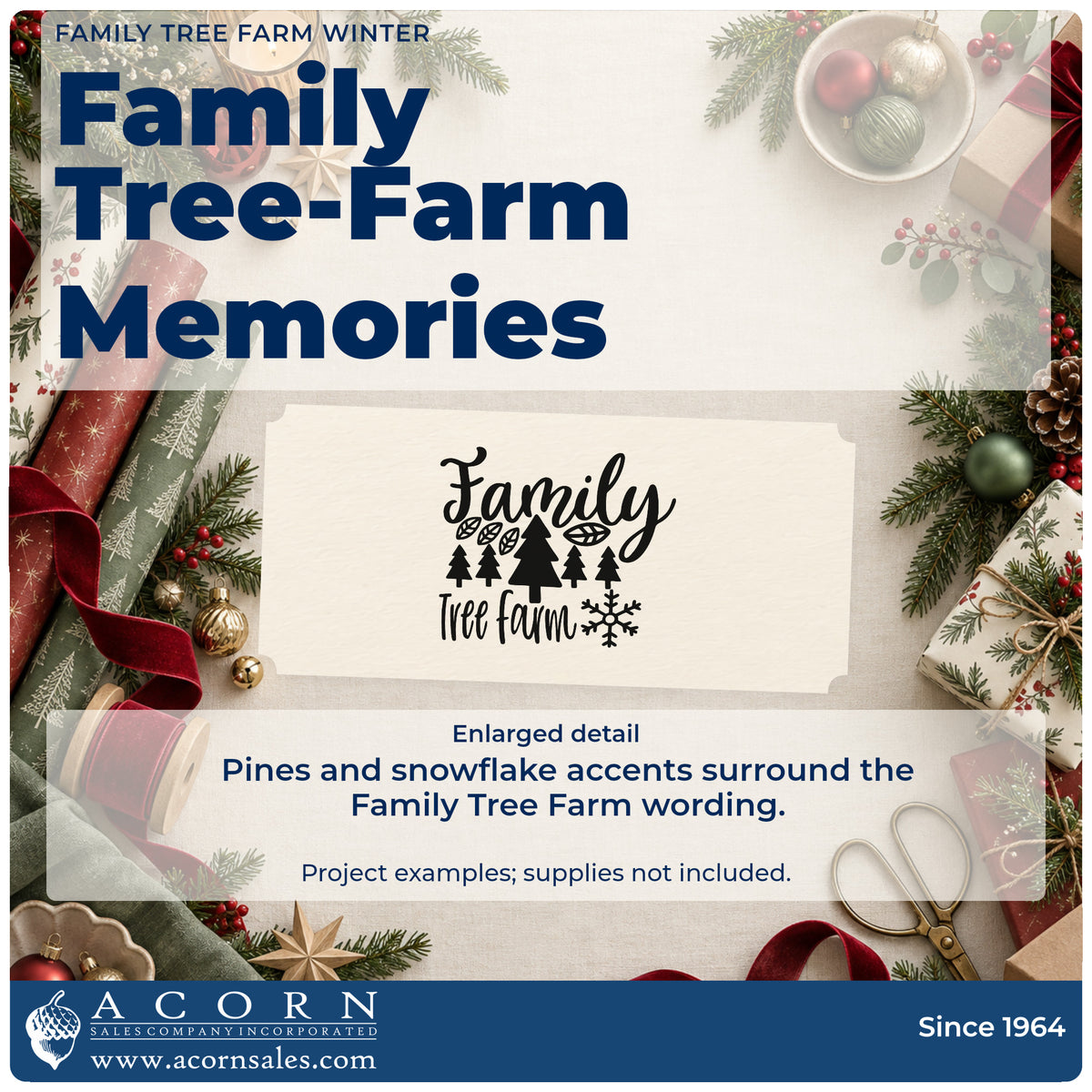 Enlarged detail of the Family Tree Farm Winter Pine Motif Hand Stamp – Duo imprint. The words "Family tree farm" surround a row of pine trees with snowflake and patterned leaf accents.