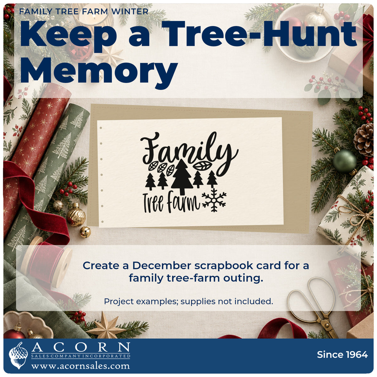 A finished handmade project stamped with the Family Tree Farm Winter Pine Motif Craft Stamp – Self-Inking, ideal for generations album page.