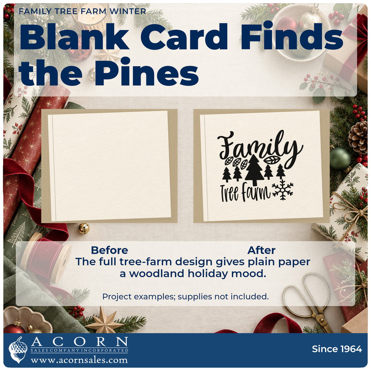 Before and after of a plain item finished with the Family Tree Farm Winter Pine Motif Stamp – Premium Vintage Pro Wooden, a quick upgrade for framed farm office.