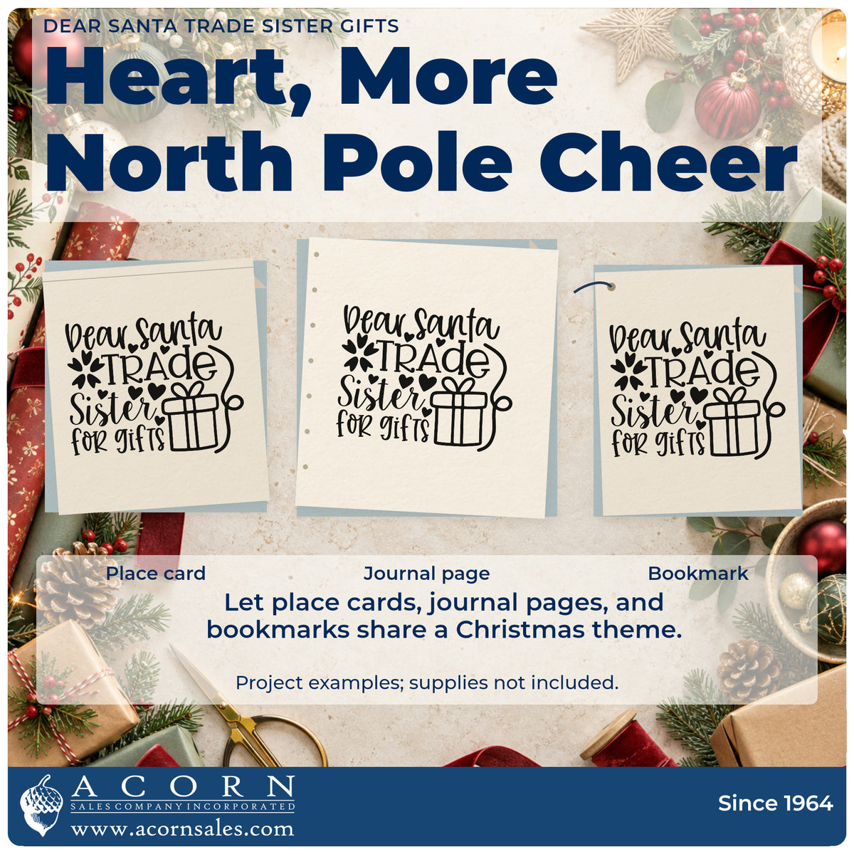 Three project examples made with the Dear Santa Trade Sister Gifts Duo Hand Stamp, including trade wish sheet.