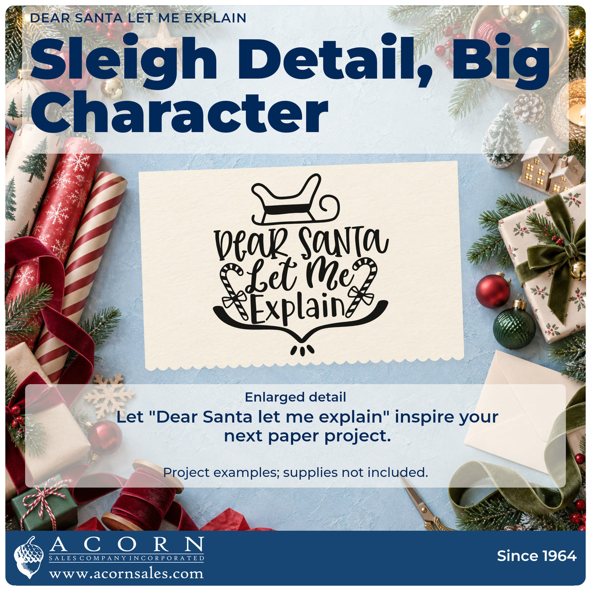 Enlarged detail of the Dear Santa Let Me Explain Candy Cane PSI Pre-Inked Stamp imprint. The words "Dear Santa let me explain" include a sleigh, two candy canes, and a curved underline.