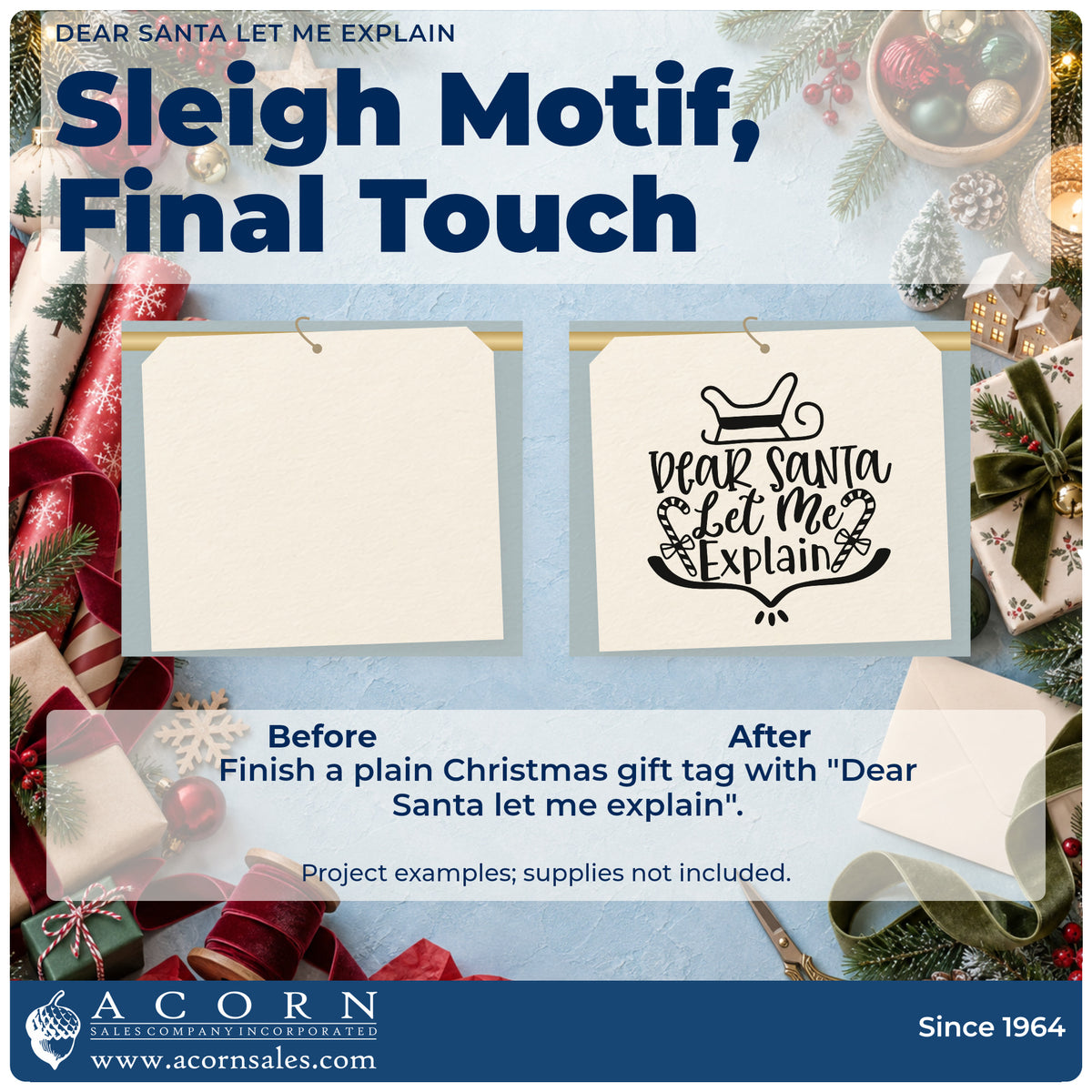 Before and after of a plain item finished with the Dear Santa Let Me Explain Candy Cane Wood-Mounted Rubber Stamp, a quick upgrade for seat back printing.