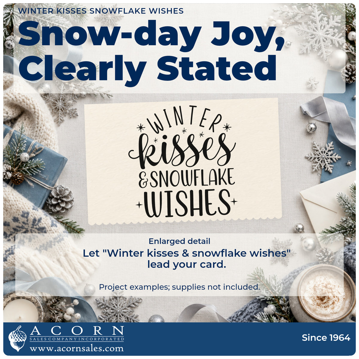 Enlarged detail of the Winter Kisses & Snowflake Wishes Pre-Inked Stamp – PSI imprint. The words "Winter kisses & snowflake wishes" appear in mixed lettering with small starbursts.