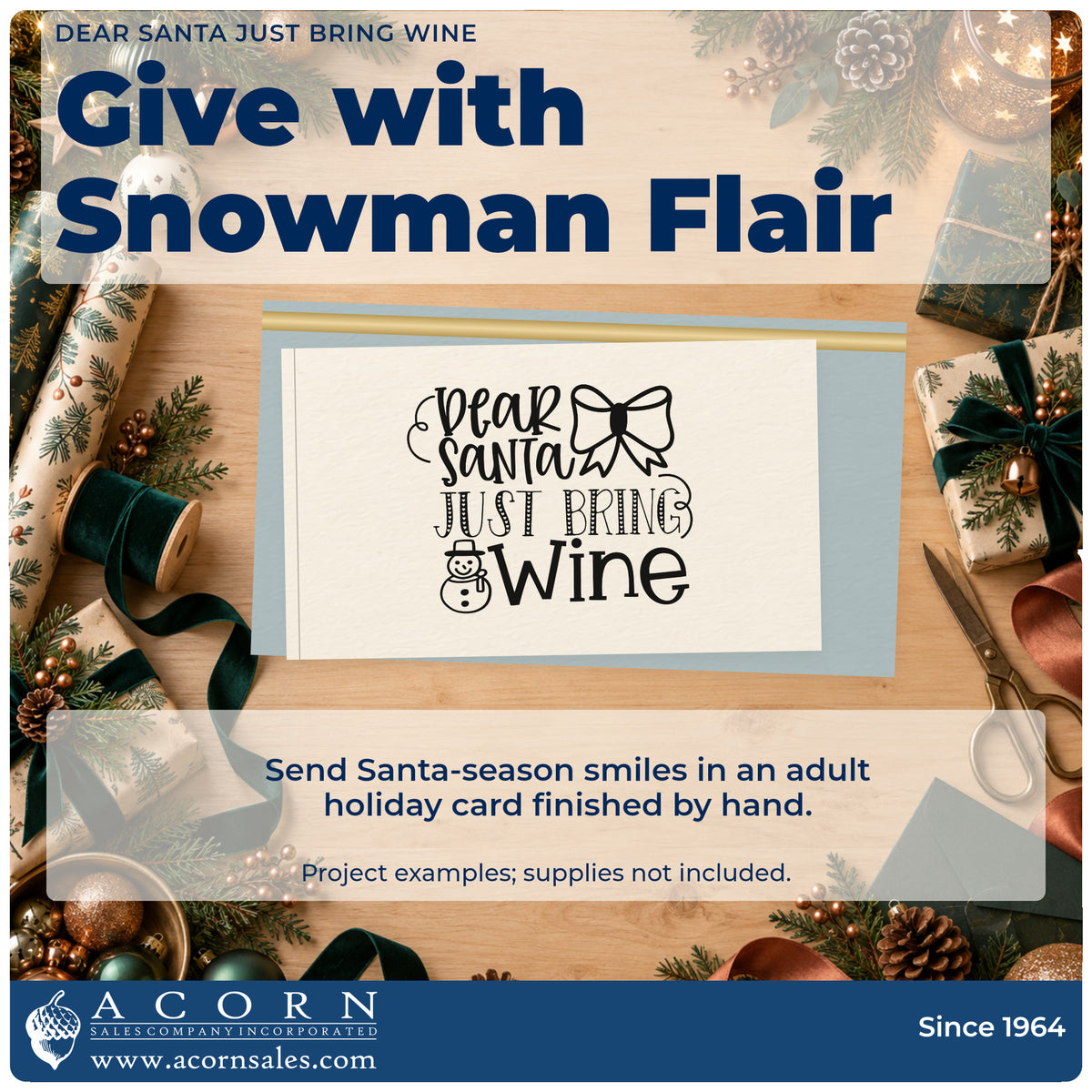 A finished handmade project stamped with the Premium Wooden Dear Santa Just Bring Wine Snowman Stamp – Vintage Pro, ideal for snowman cards.