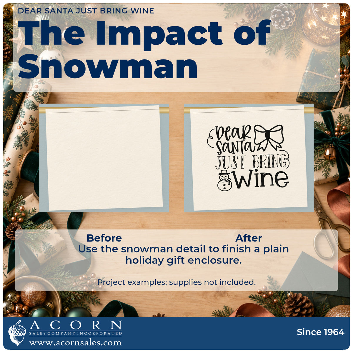 Before and after of a plain item finished with the Dear Santa Just Bring Wine Snowman Rubber Stamp – Duo Hand, a quick upgrade for tote divider printing.