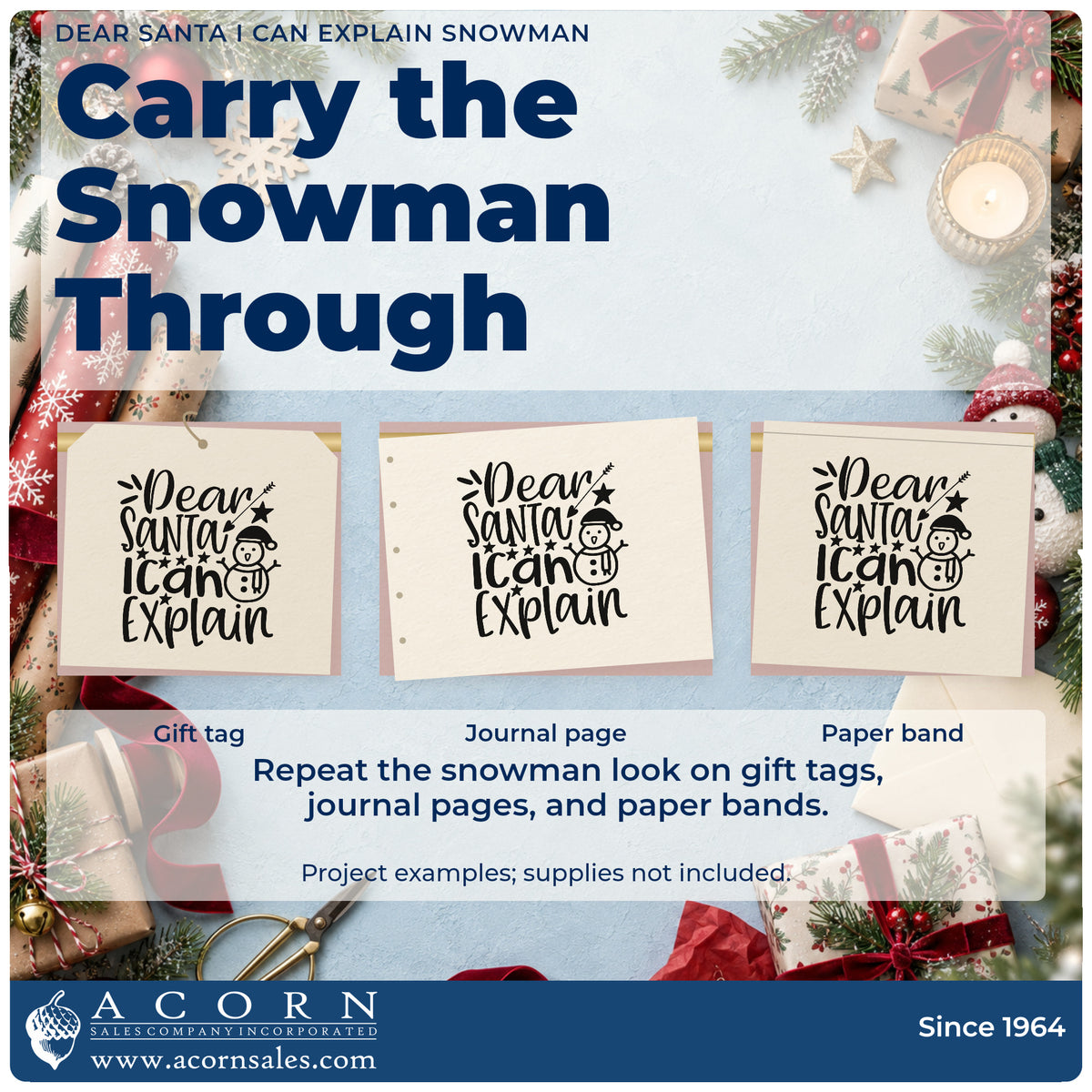 Three project examples made with the Dear Santa I Can Explain Snowman Wood Handle Stamp, including amends note sheet.