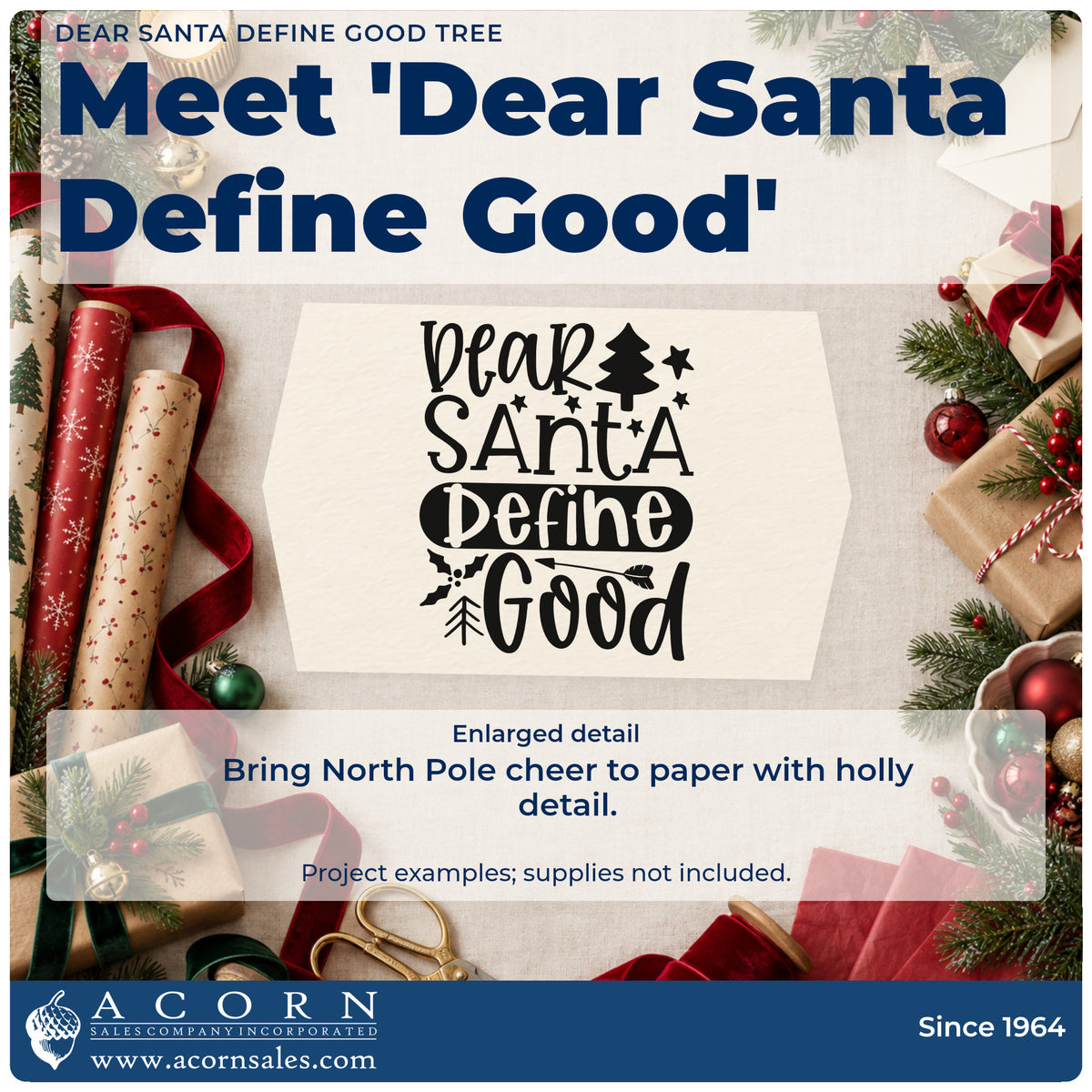 Enlarged detail of the Pre-Inked Dear Santa Define Good Tree Holly Stamp – PSI imprint. The phrase "Dear Santa define good" includes a tree, stars, holly, and a downward arrow.