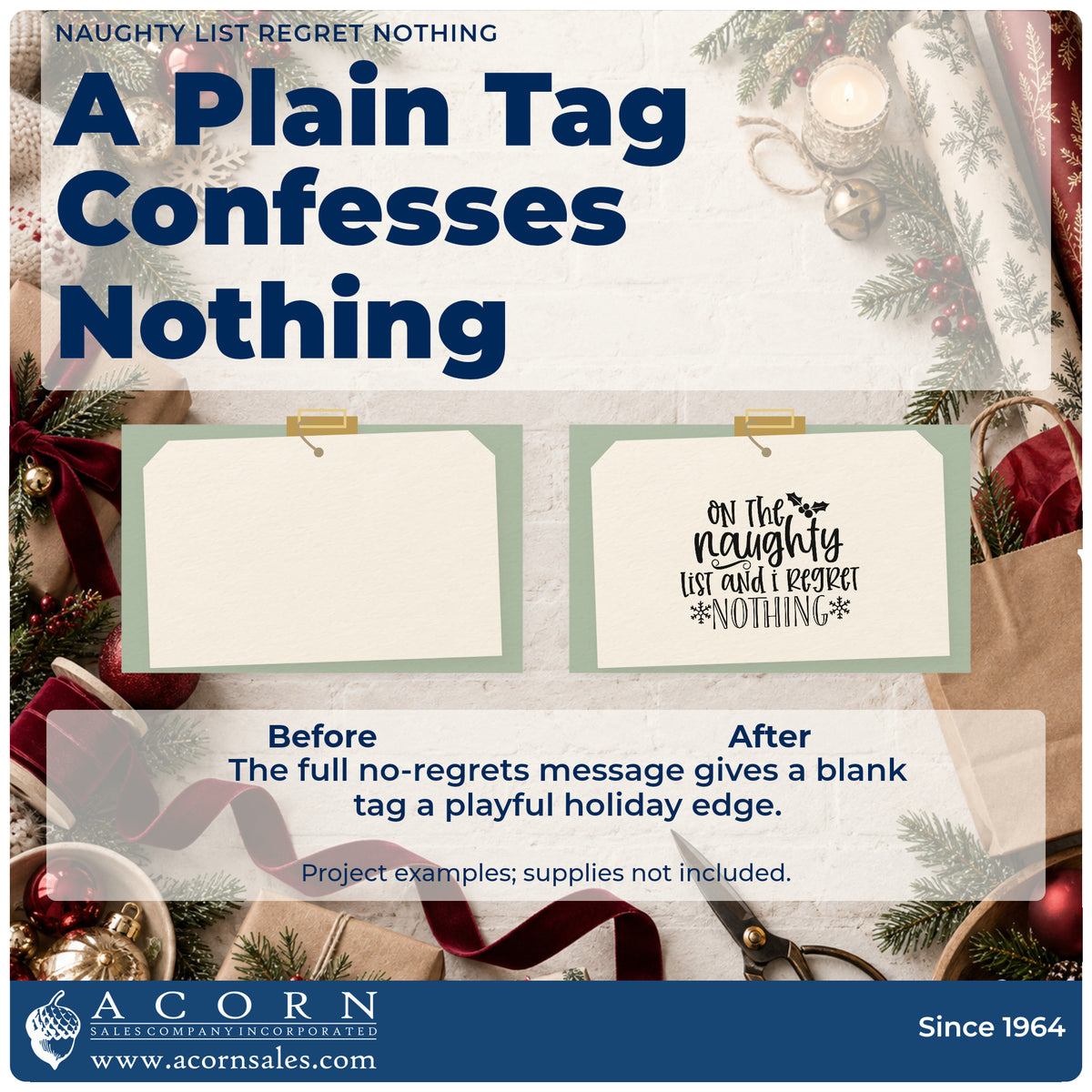 Before and after of a plain item finished with the Naughty List Regret Nothing Duo Hand Stamp, a quick upgrade for scarf panel printing.