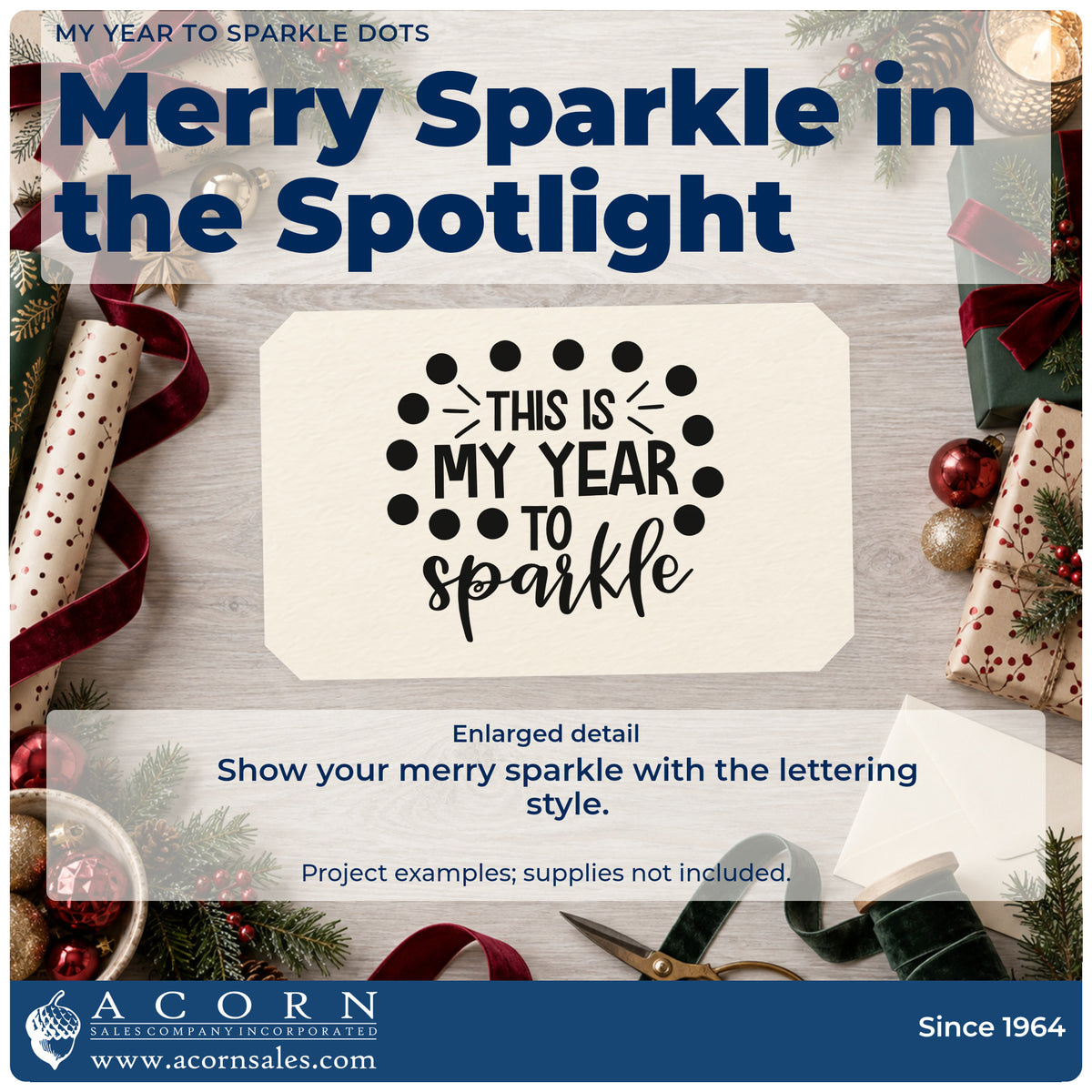Enlarged detail of the My Year To Sparkle Dots Premium Wood-Mounted Stamp – Vintage Pro imprint. The phrase "This is my year to sparkle" is framed by large dots and accent lines.