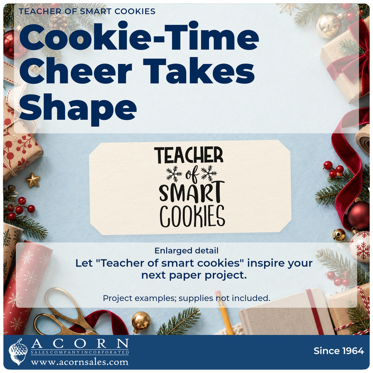 Enlarged detail of the Teacher Of Smart Cookies Snowflakes Hand Stamp – Duo imprint. The words "Teacher of smart cookies" appear with two snowflakes.
