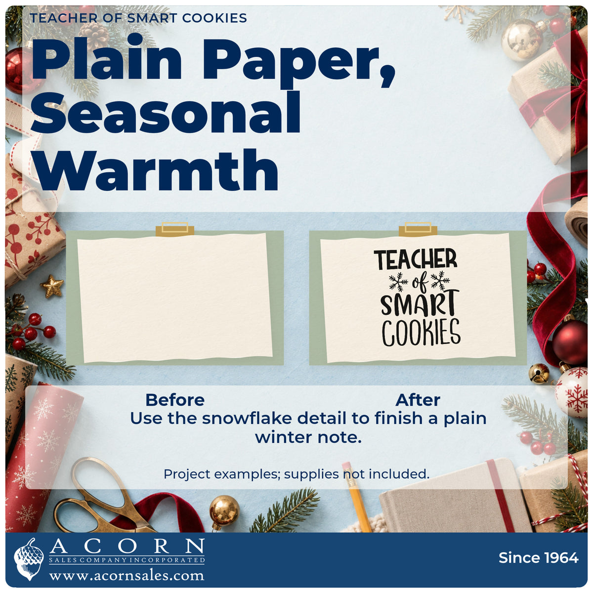 Before and after of a plain item finished with the Teacher Of Smart Cookies Snowflakes Hand Stamp – Duo, a quick upgrade for framed desk plate.