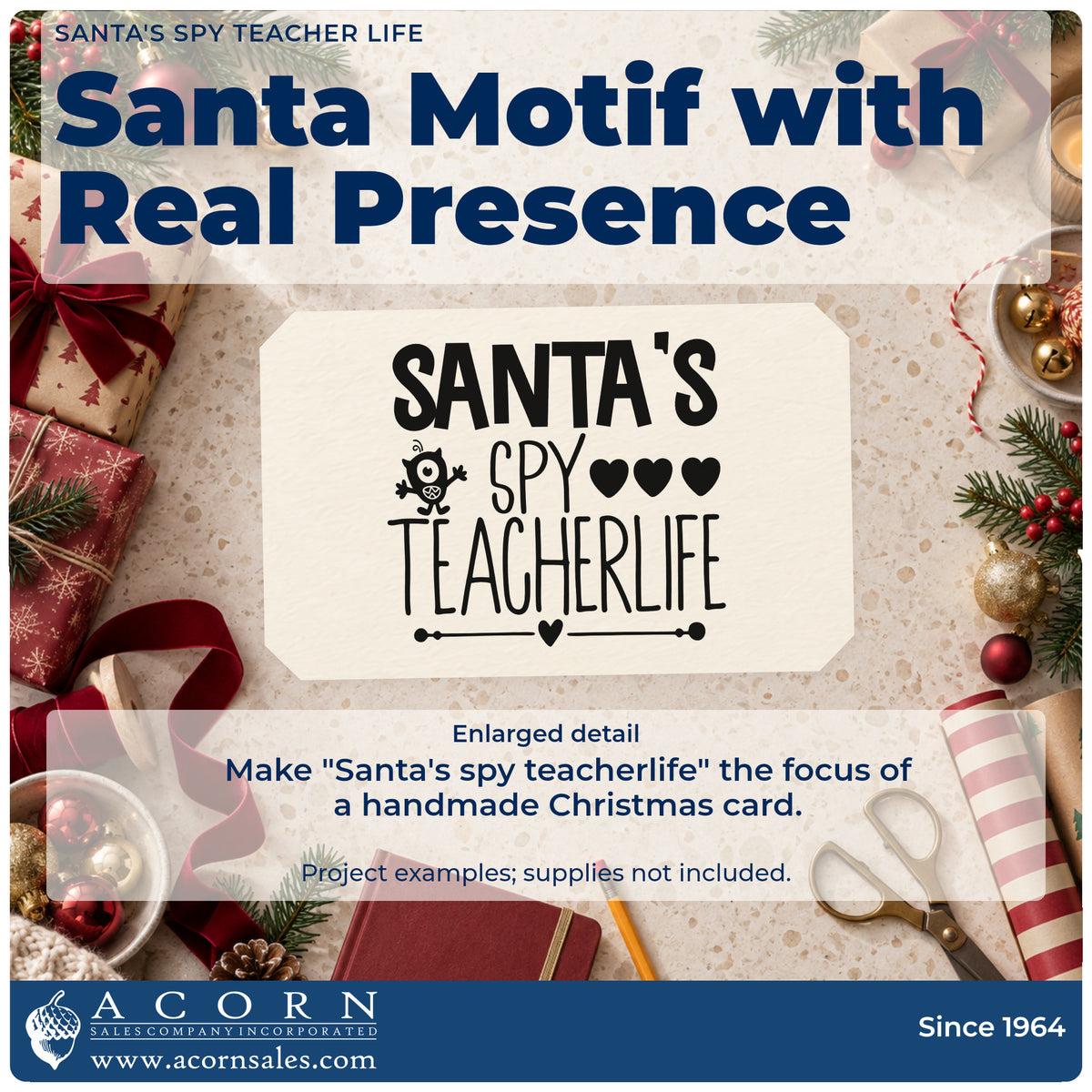 Enlarged detail of the Santa's Spy Teacher Life Stamp – Duo Hand imprint. The words "Santa's spy teacherlife" include a small Santa face, hearts, and an underline.