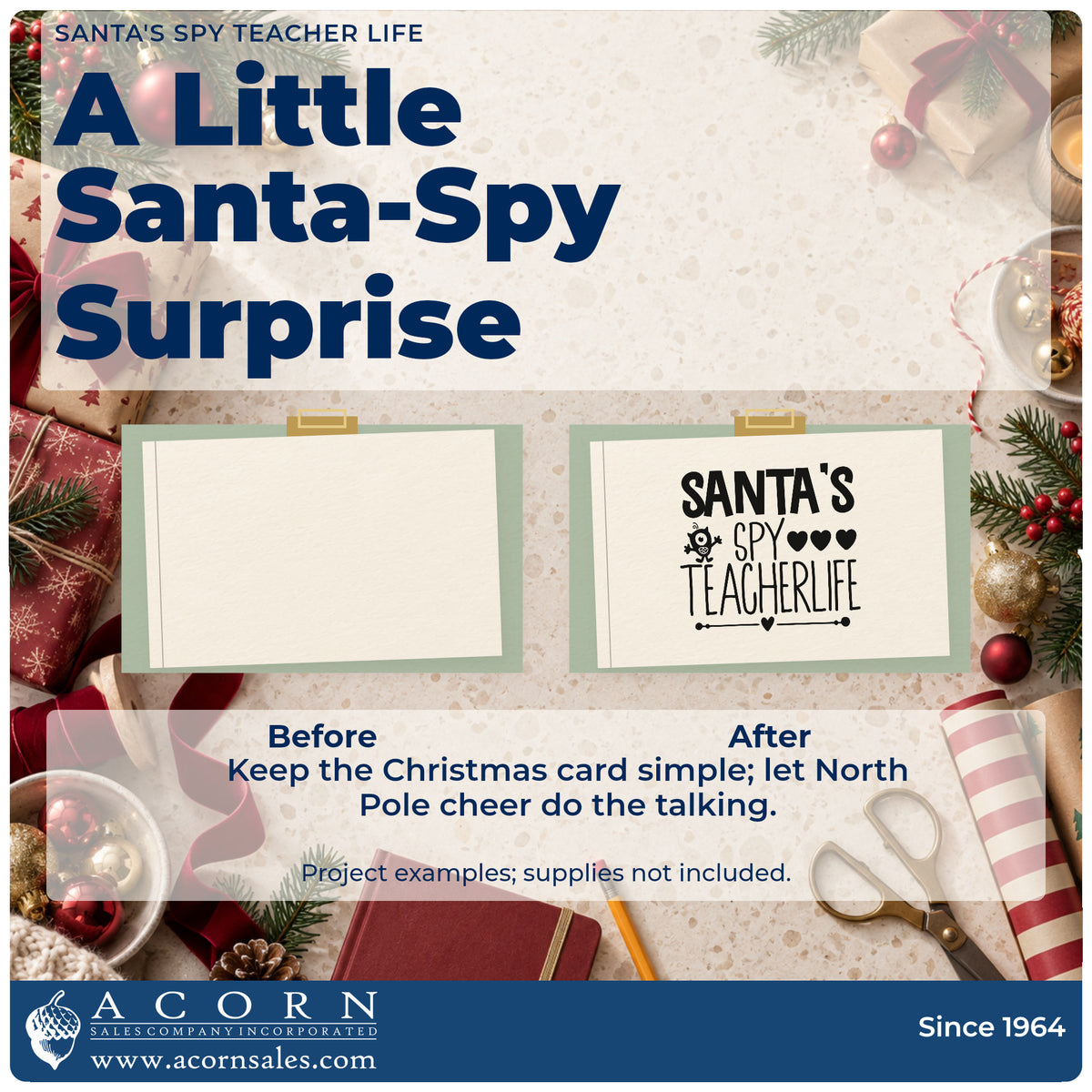 Before and after of a plain item finished with the Santa's Spy Teacher Life Rubber Stamp – Wood Handle, a quick upgrade for framed board corner.