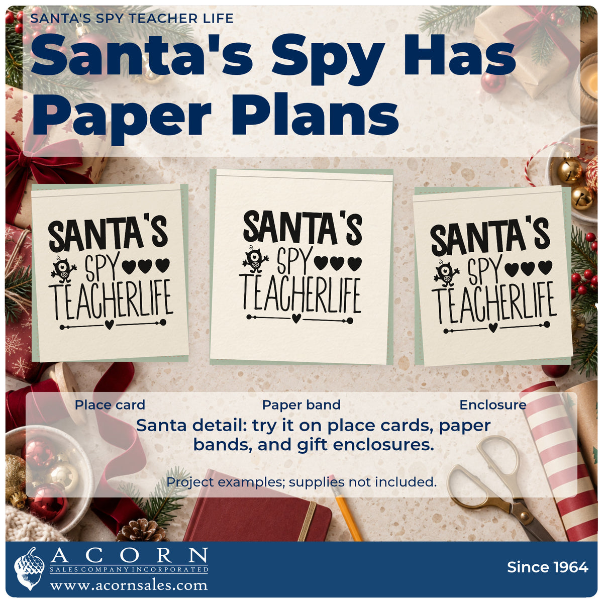 Three project examples made with the Santa's Spy Teacher Life Premium Wooden Stamp – Vintage Pro, including conduct chart sheet.
