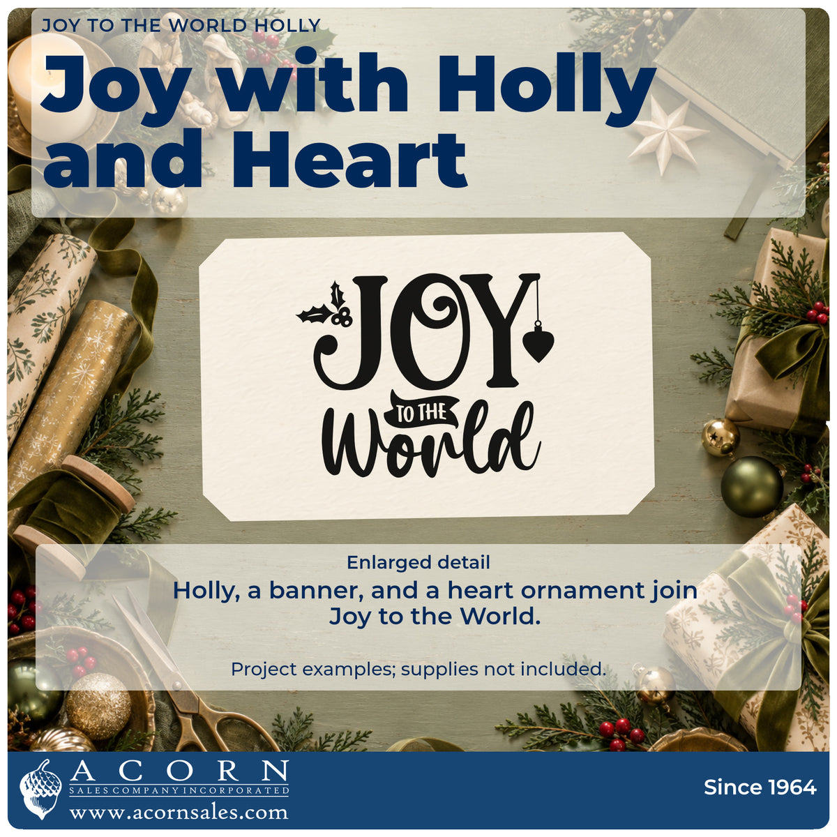 Enlarged detail of the Wood Handle Joy To The World Holly Rubber Stamp imprint. The words "Joy to the world" include holly, a small banner, and a hanging heart ornament.