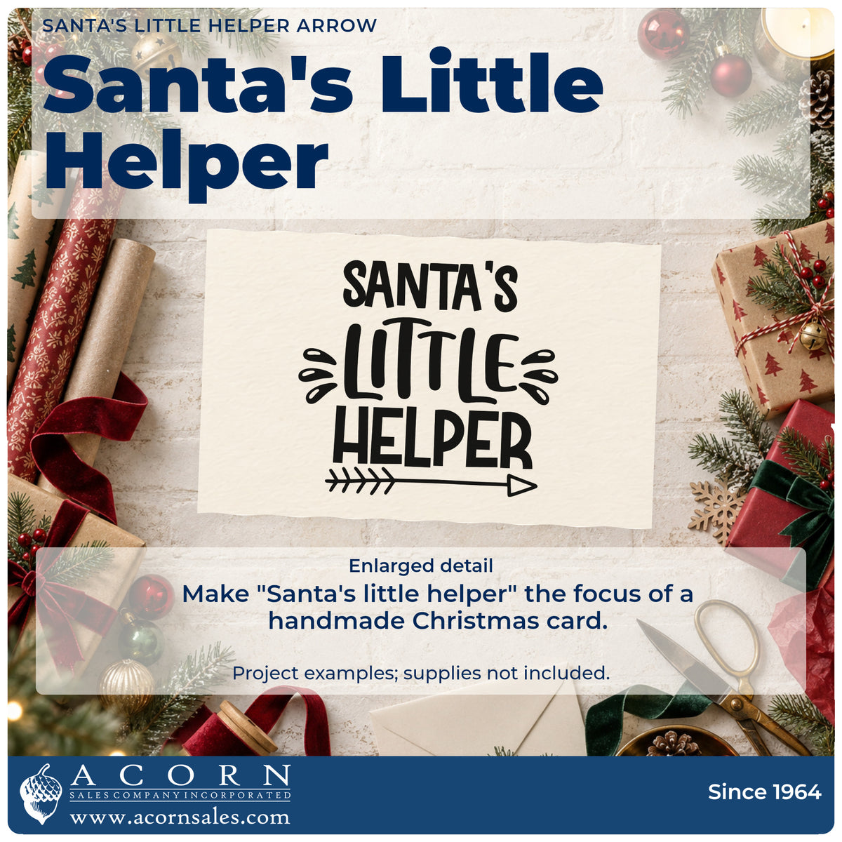 Enlarged detail of the Duo Hand Santa's Little Helper Arrow Rubber Stamp imprint. The words "Santa's little helper" appear above an outlined arrow with decorative splashes.