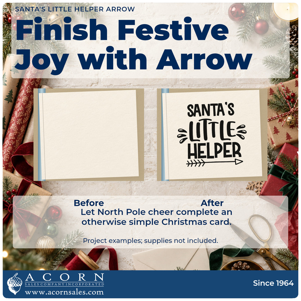 Before and after of a plain item finished with the Vintage Pro Santa's Little Helper Arrow Premium Wooden Stamp, a quick upgrade for framed step ladder.