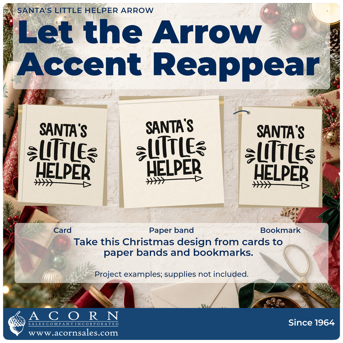 Three project examples made with the Duo Hand Santa's Little Helper Arrow Rubber Stamp, including job split sheet.