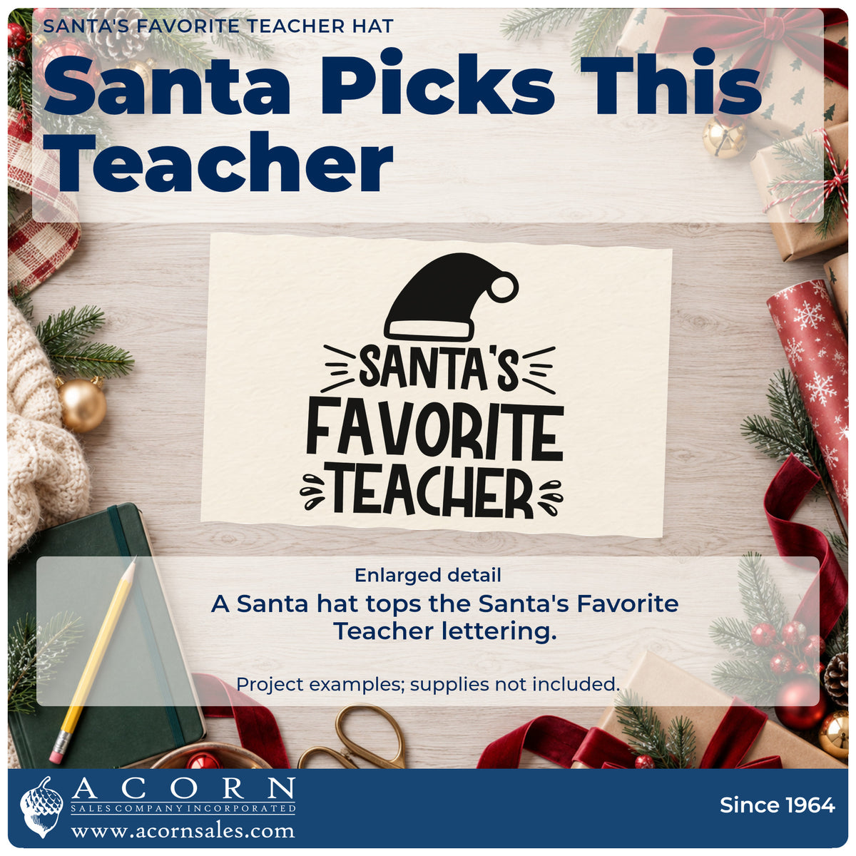 Enlarged detail of the Santa's Favorite Teacher Hat Lettering Premium Wooden Stamp – Vintage Pro imprint. The words "Santa's favorite teacher" appear below a Santa hat with emphasis lines.