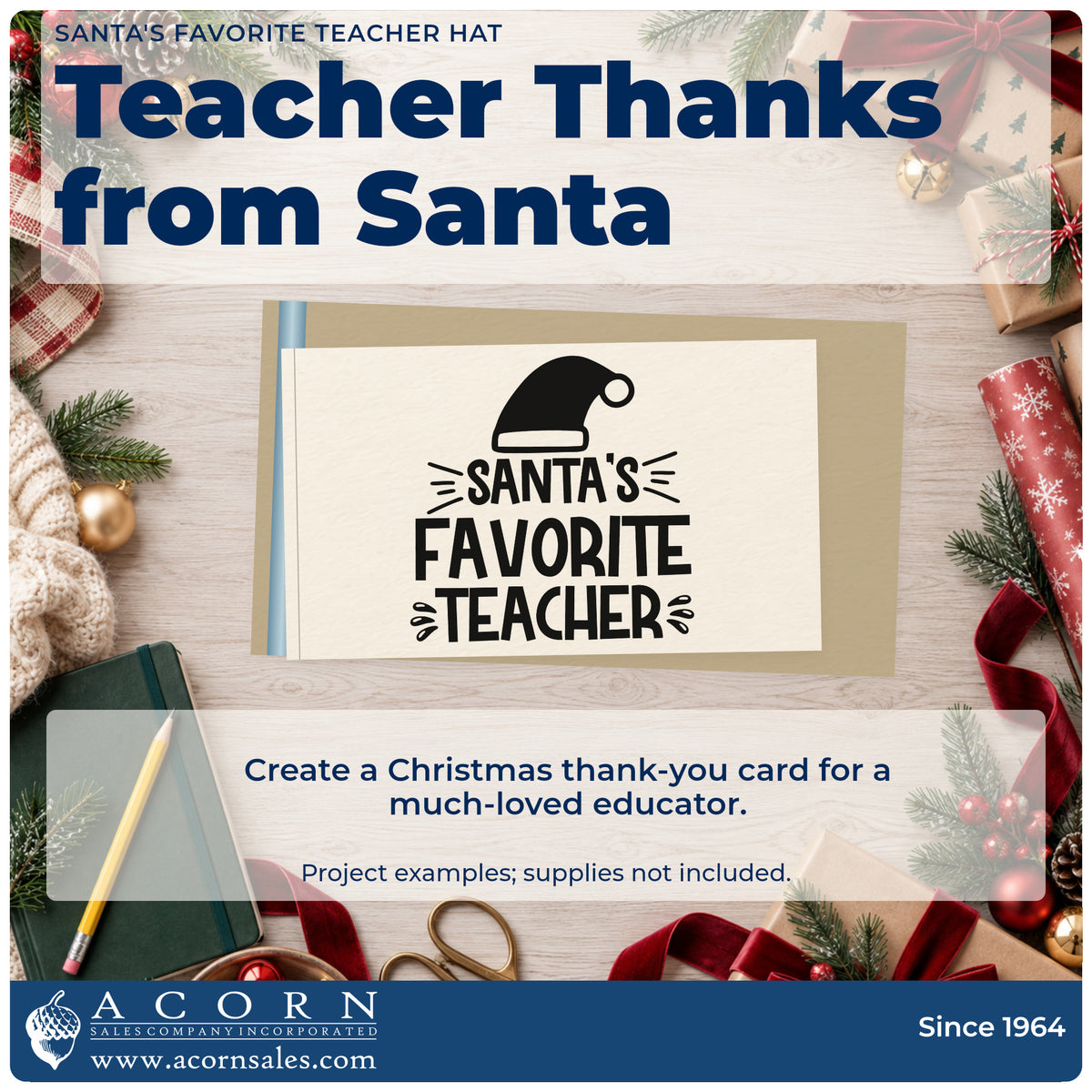 A finished handmade project stamped with the Santa's Favorite Teacher Hat Lettering Premium Wooden Stamp – Vintage Pro, ideal for school album page.