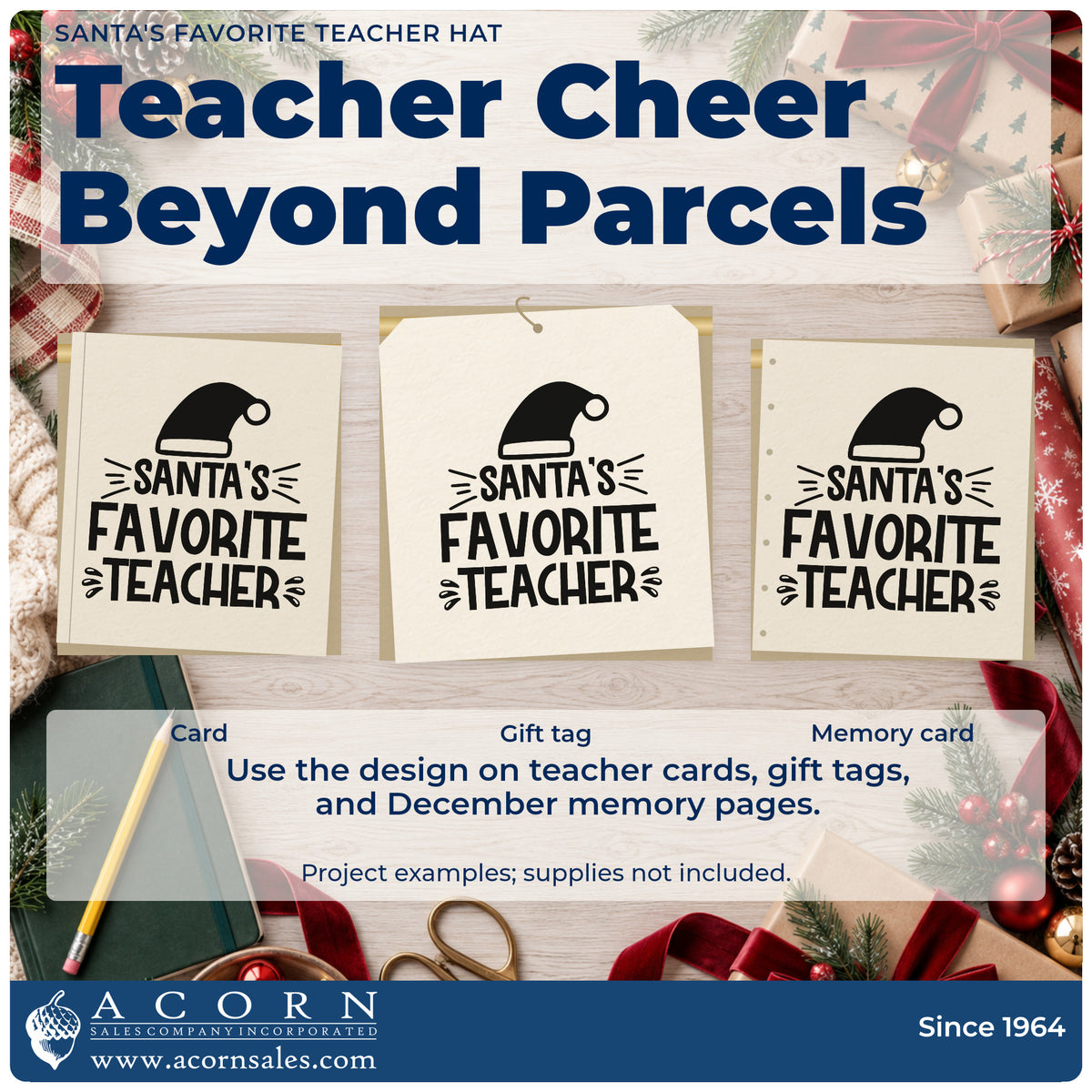 Three project examples made with the Santa's Favorite Teacher Hat Lettering Stamp – Slim Pre-Inked, including wish list sheet.