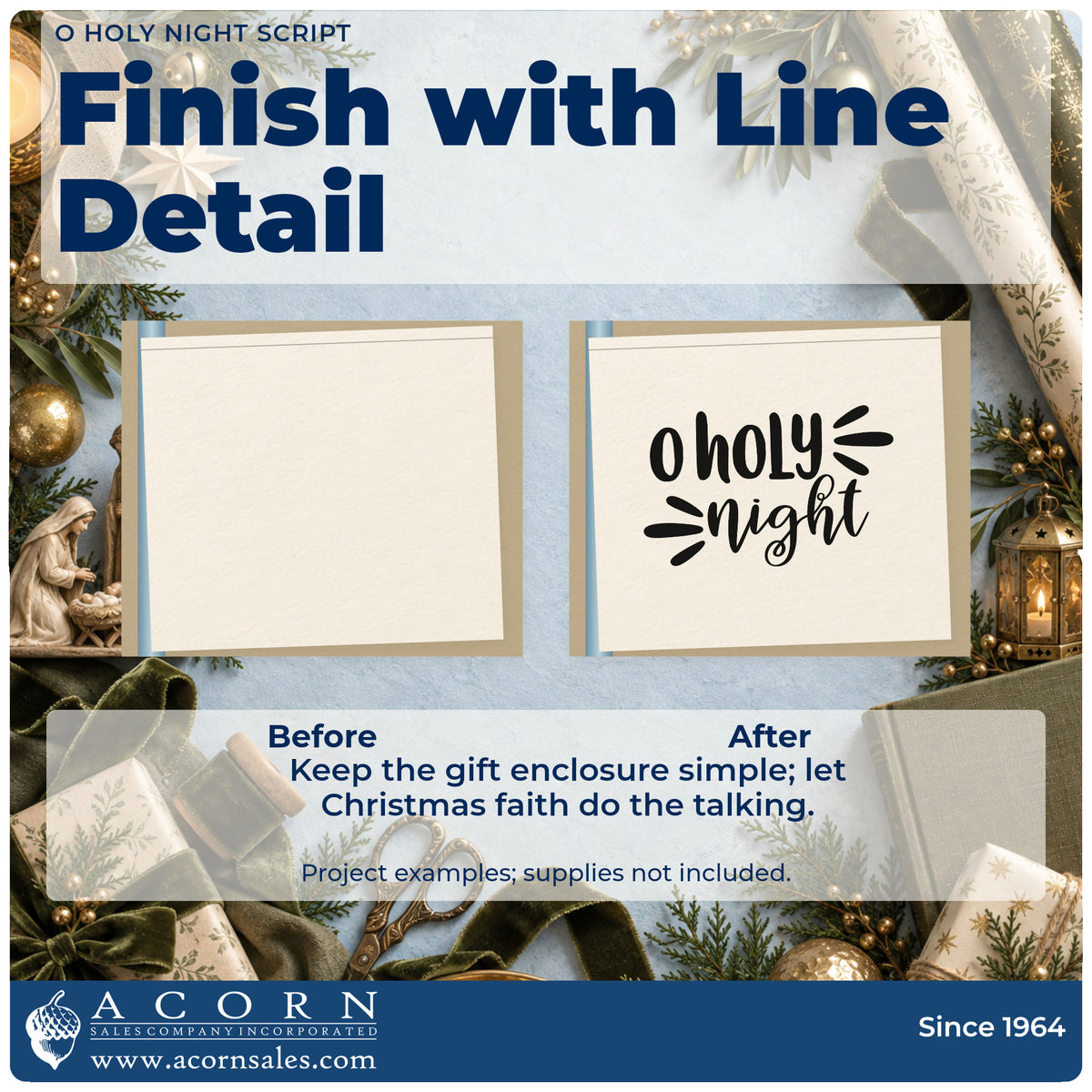 Before and after of a plain item finished with the O Holy Night Script Slim Pre-Inked Stamp, a quick upgrade for framed double border.