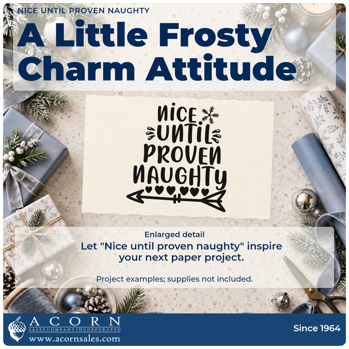 Enlarged detail of the Nice Until Proven Naughty Snowflakes Stamp – Premium Vintage Pro Wooden imprint. The words "Nice until proven naughty" include a snowflake, hearts, and a double-ended arrow.
