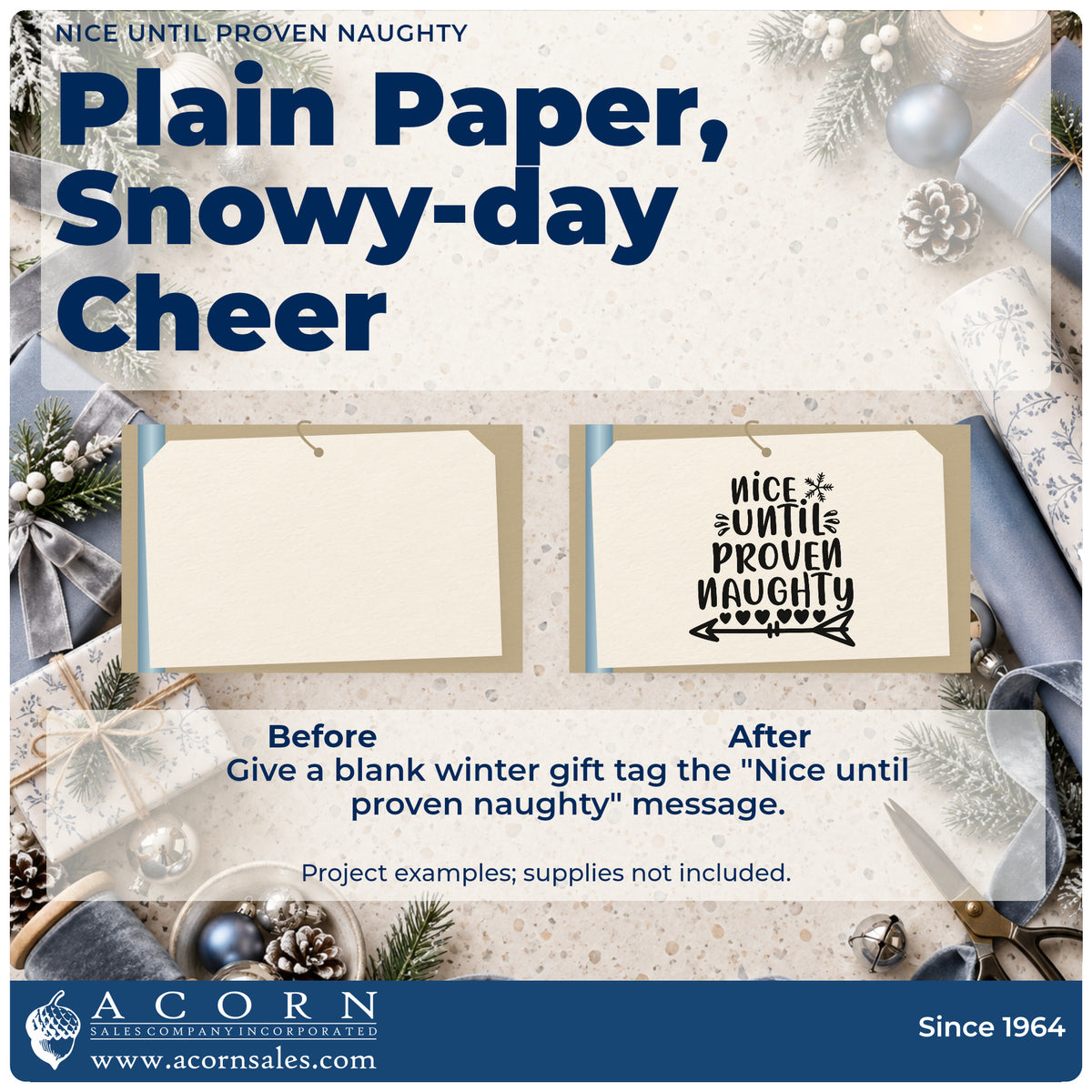 Before and after of a plain item finished with the Nice Until Proven Naughty Snowflakes Stamp – Premium Vintage Pro Wooden, a quick upgrade for framed office wall.