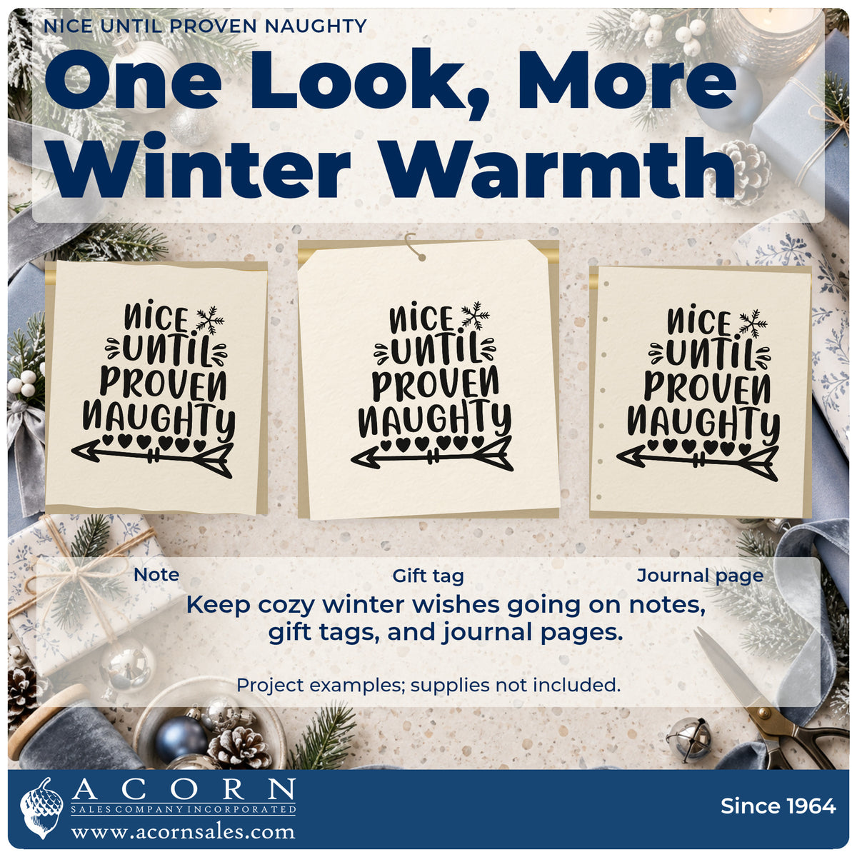 Three project examples made with the Nice Until Proven Naughty Snowflakes Stamp – Premium Vintage Pro Wooden, including case note sheet.