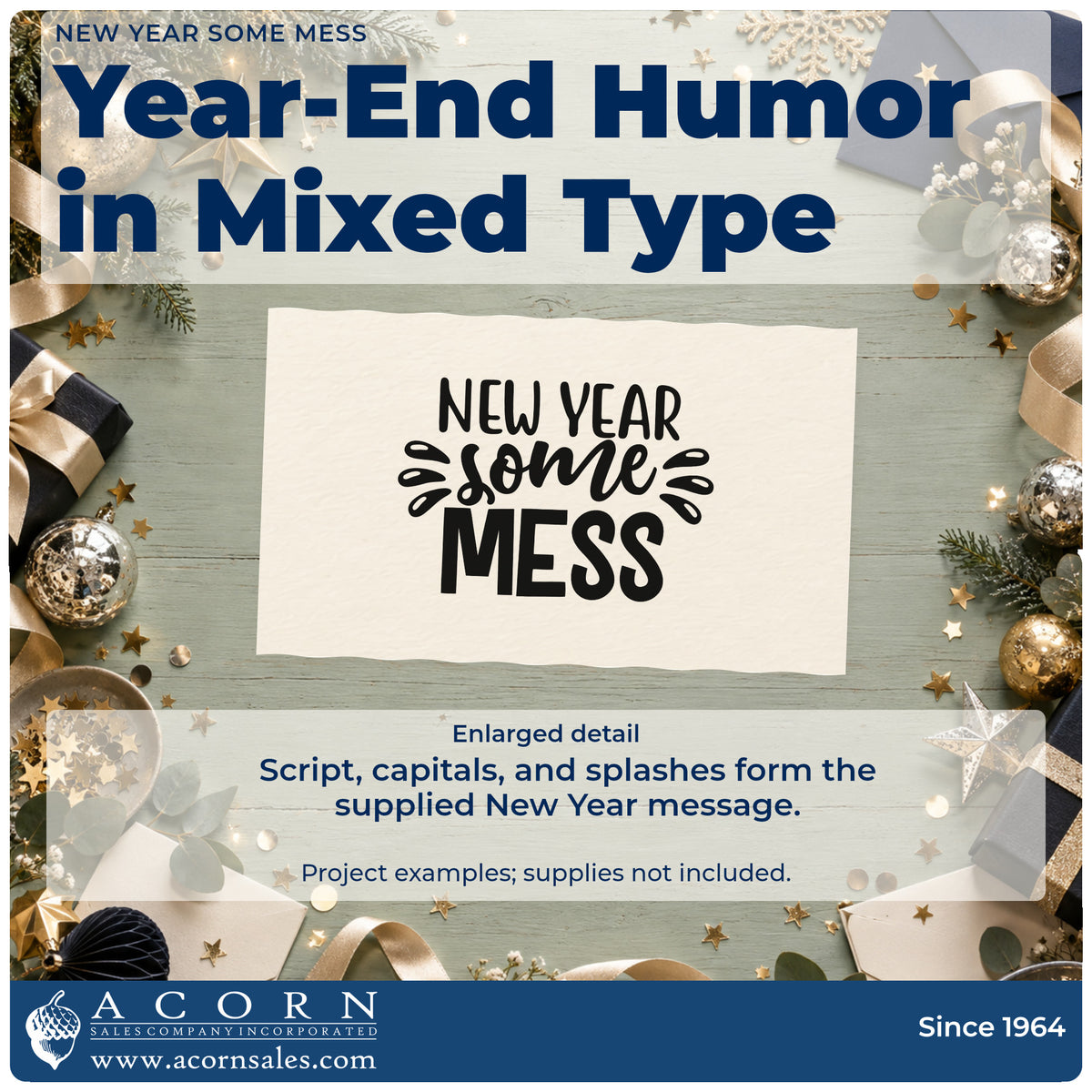 Enlarged detail of the New Year Some Mess Premium Wood-Mounted Stamp – Vintage Pro imprint. The words "New year some mess" appear in mixed lettering with splash accents.