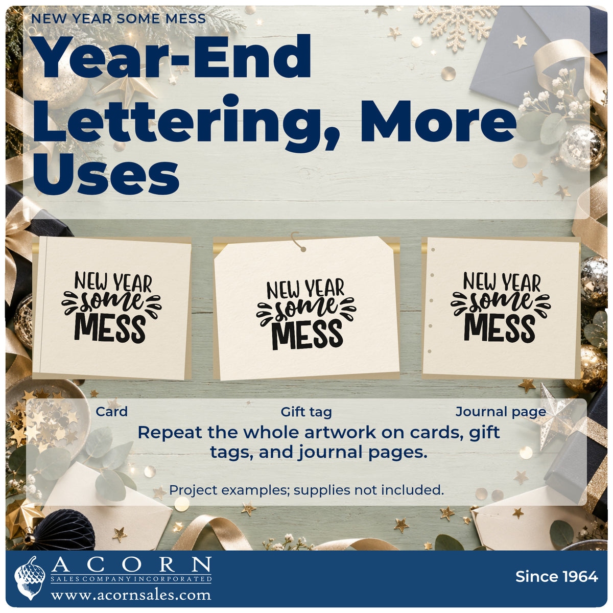 Three project examples made with the New Year Some Mess Premium Wood-Mounted Stamp – Vintage Pro, including reset list sheet.