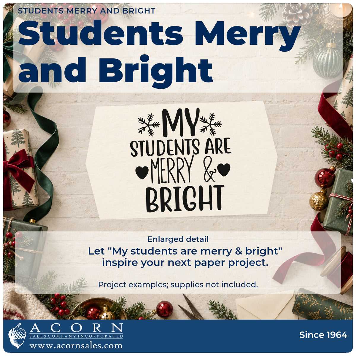 Enlarged detail of the PSI Pre-Inked Students Merry And Bright Stamp imprint. The words "My students are merry & bright" include two snowflakes and solid hearts.