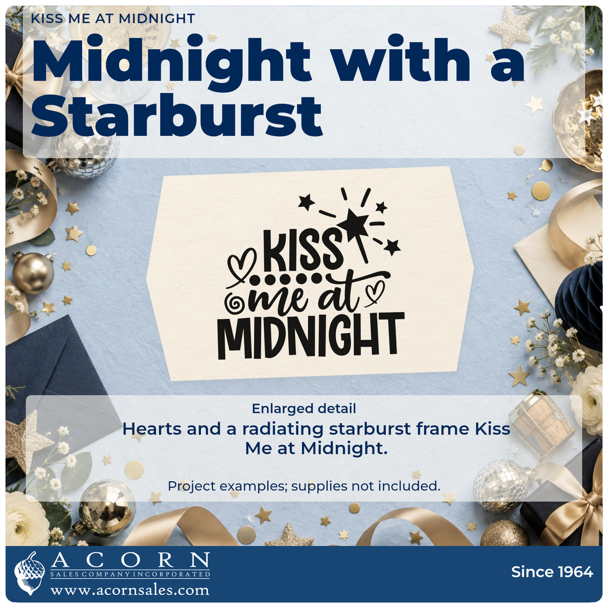 Enlarged detail of the Kiss Me At Midnight Stamp – Premium Vintage Pro Wooden imprint. The words "Kiss me at midnight" include hearts, stars, dots, and a radiating starburst.