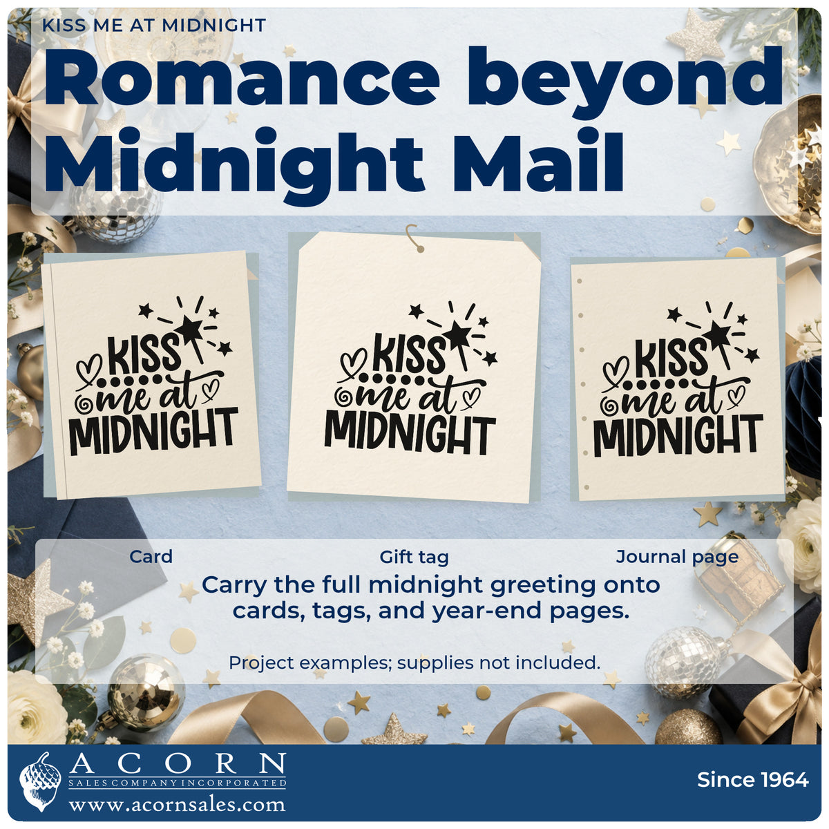 Three project examples made with the Kiss Me At Midnight Self-Inking Stamp, including hour plan sheet.