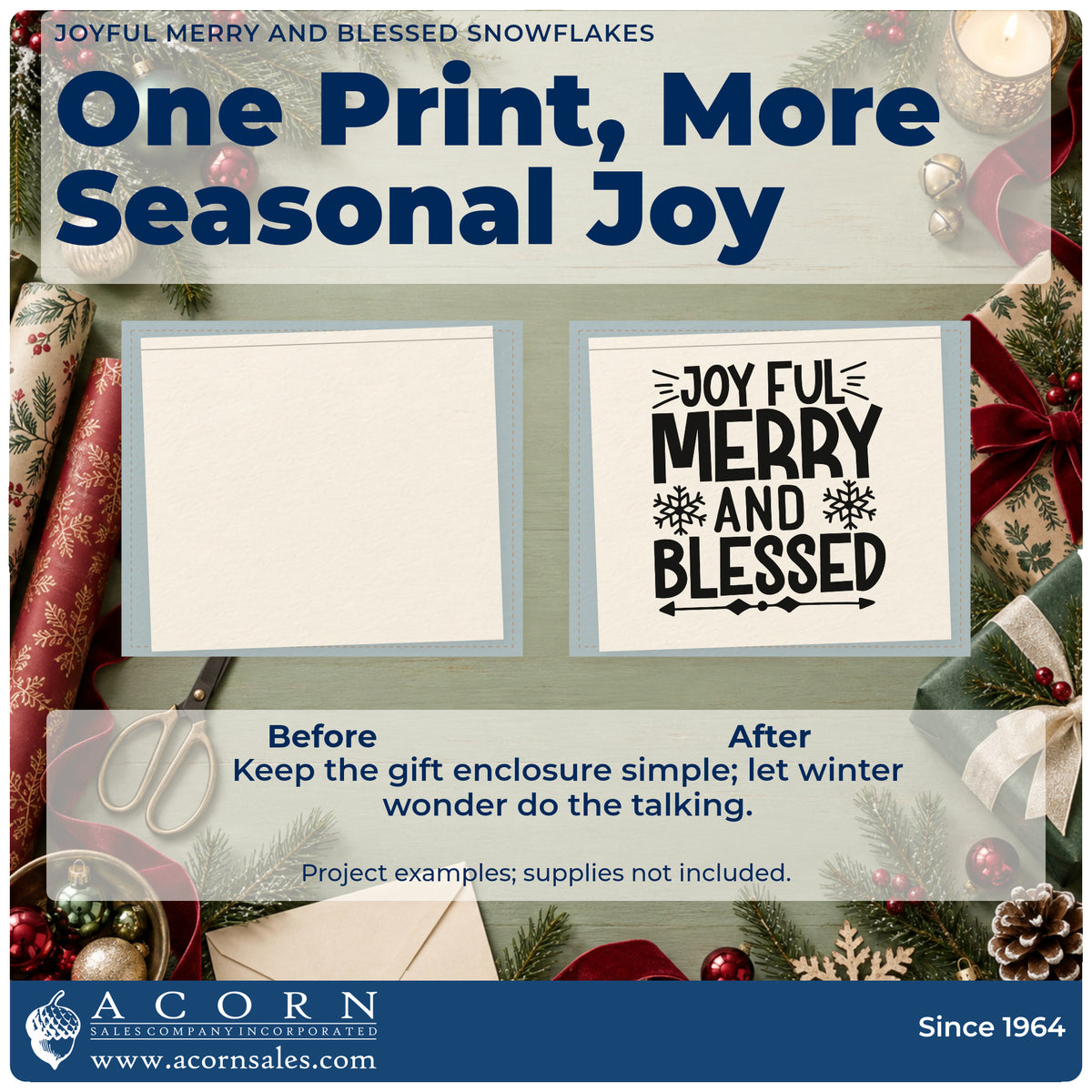 Before and after of a plain item finished with the Joyful Merry And Blessed Snowflakes Arrow Rubber Stamp – Duo Hand, a quick upgrade for framed triptych row.