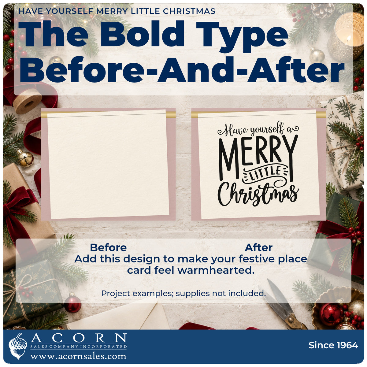 Before and after of a plain item finished with the Have Yourself A Merry Little Christmas Ribbon Lettering Stamp – PSI Pre-Inked, a quick upgrade for armchair cover ink.
