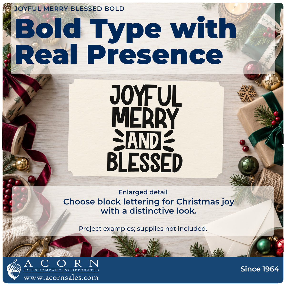 Enlarged detail of the Joyful Merry And Blessed Stamp – Premium Vintage Pro Wooden imprint. The words "Joyful merry and blessed" appear in bold block capitals with decorative rays.