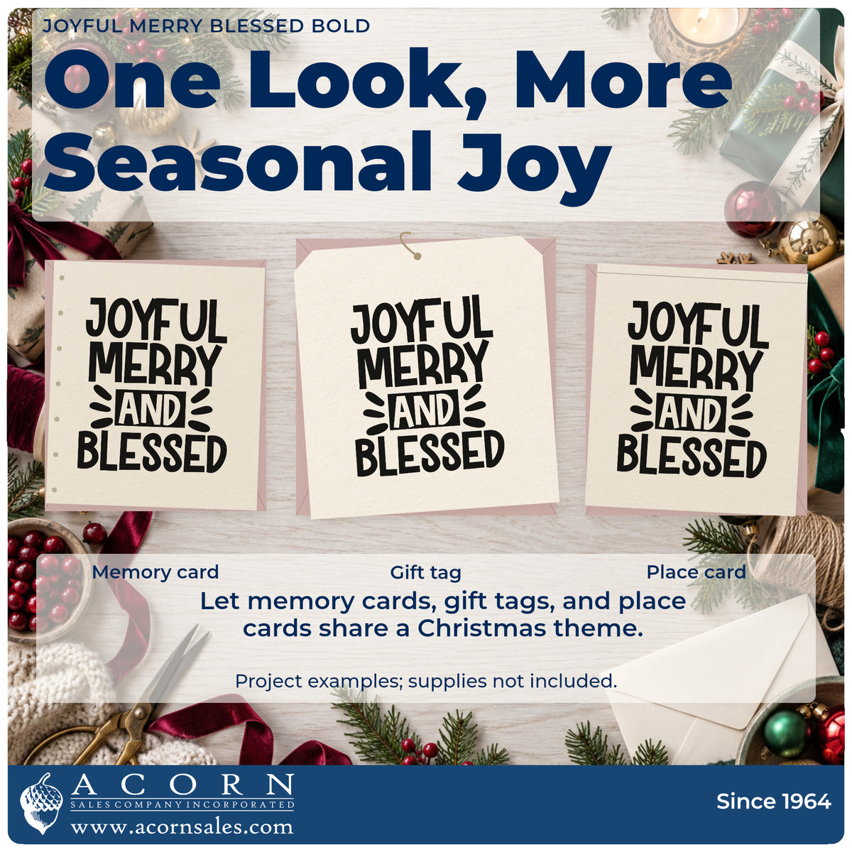 Three project examples made with the Joyful Merry And Blessed Stamp – Premium Vintage Pro Wooden, including header block sheet.