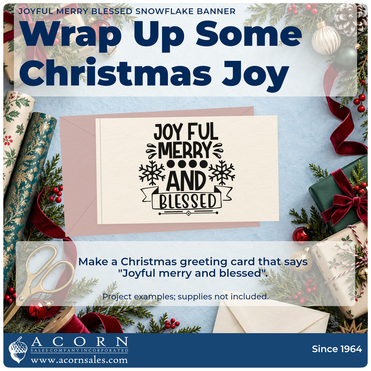 A finished handmade project stamped with the Joyful Merry Blessed Snowflake Banner Slim Pre-Inked Stamp, ideal for emphasis album page.
