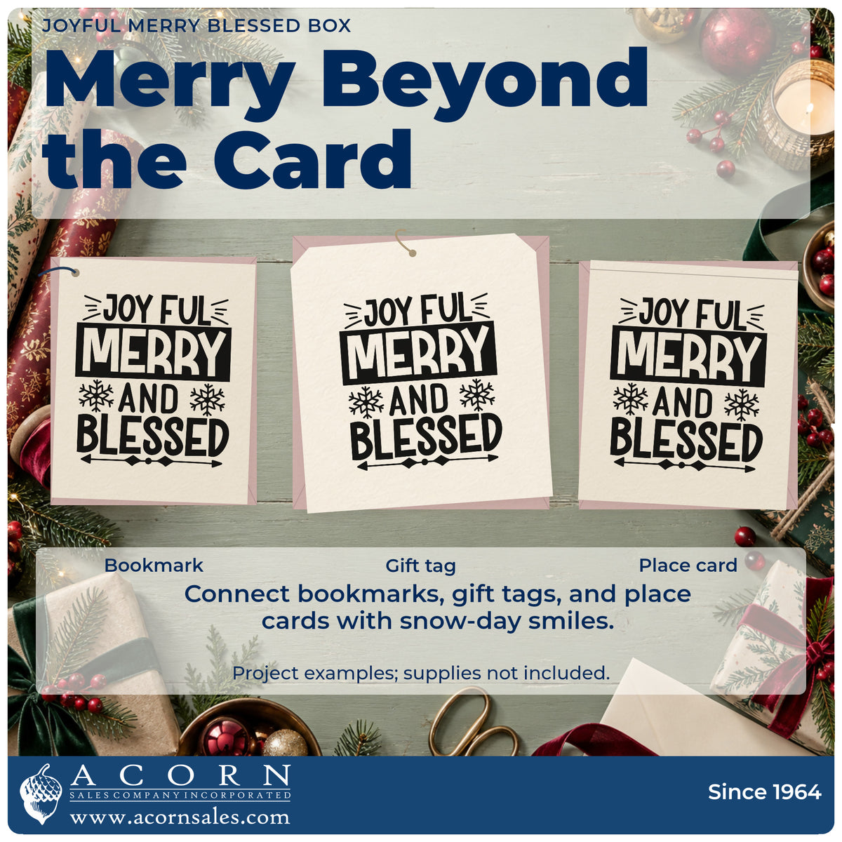 Three project examples made with the Joyful Merry Blessed Box PSI Pre-Inked Stamp, including callout note sheet.