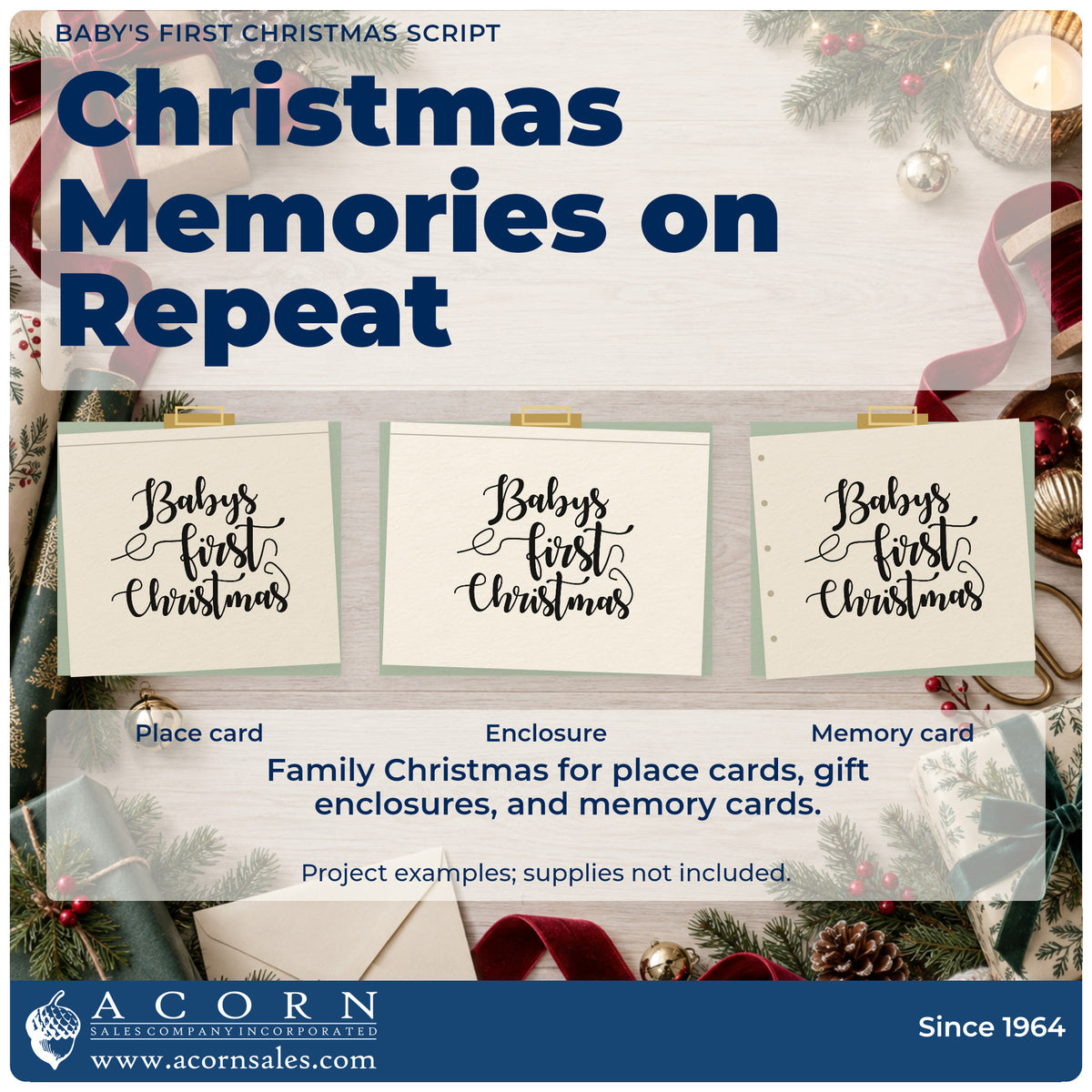 Three project examples made with the Slim Pre-Inked Baby's First Christmas Script Stamp, including contact list sheet.
