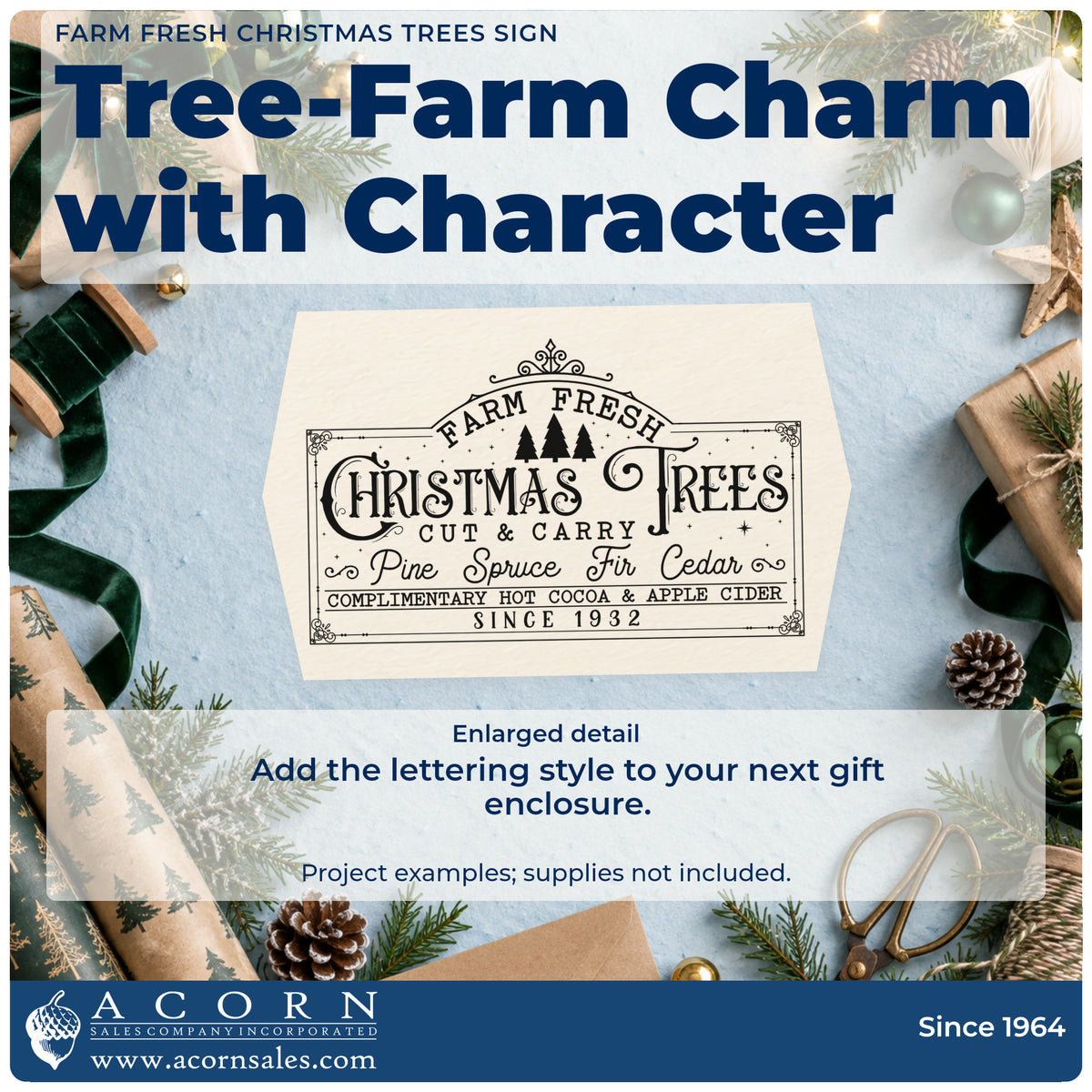Enlarged detail of the Farm Fresh Christmas Trees Sign Lettering PSI Pre-Inked Stamp imprint. An ornate vintage sign reads "Farm fresh Christmas trees," "cut & carry," and "pine spruce fir cedar" with small trees.