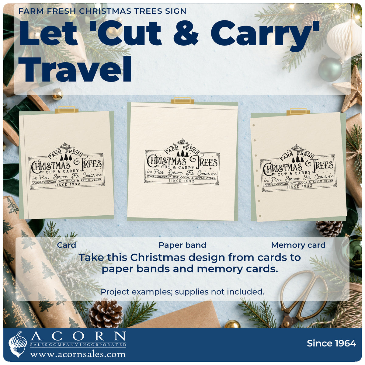 Three project examples made with the Farm Fresh Christmas Trees Sign Lettering PSI Pre-Inked Stamp, including cut order sheet.
