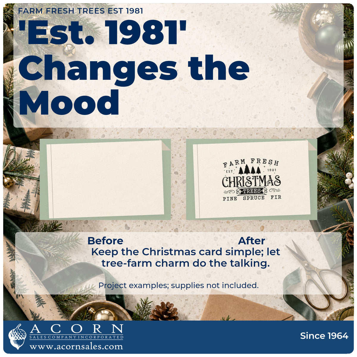 Before and after of a plain item finished with the Self-Inking Farm Fresh Trees Est 1981 Stamp, a quick upgrade for framed office wall.