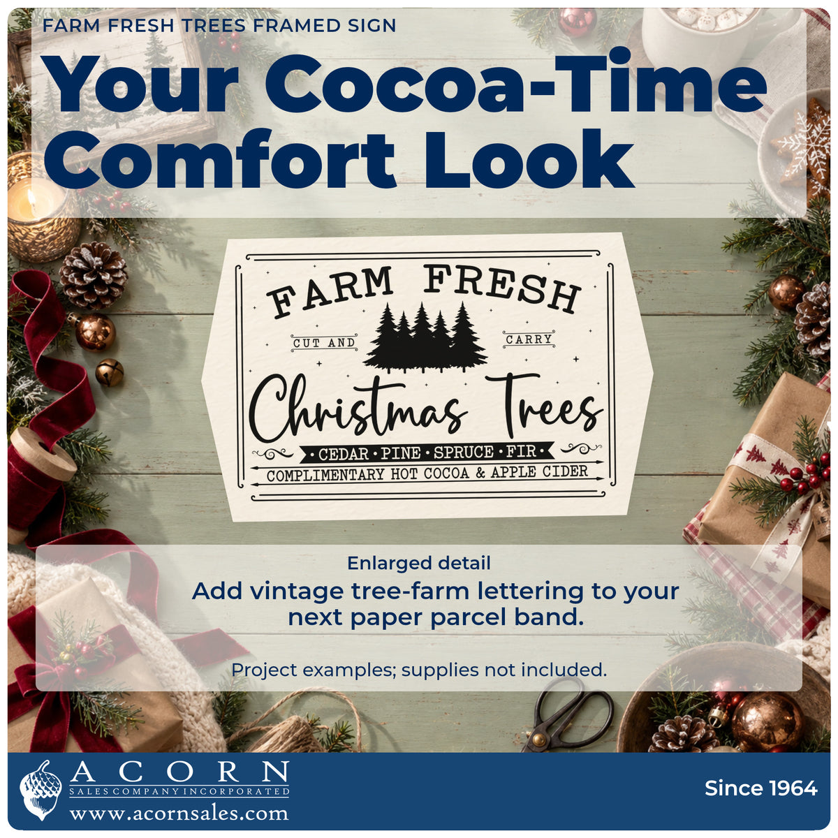 Enlarged detail of the Farm Fresh Trees Framed Sign Apple Rubber Stamp – Duo Hand imprint. A bordered vintage sign reads "Farm fresh Christmas trees" with pine silhouettes and text about cut-and-carry trees, cocoa, and apple cider.