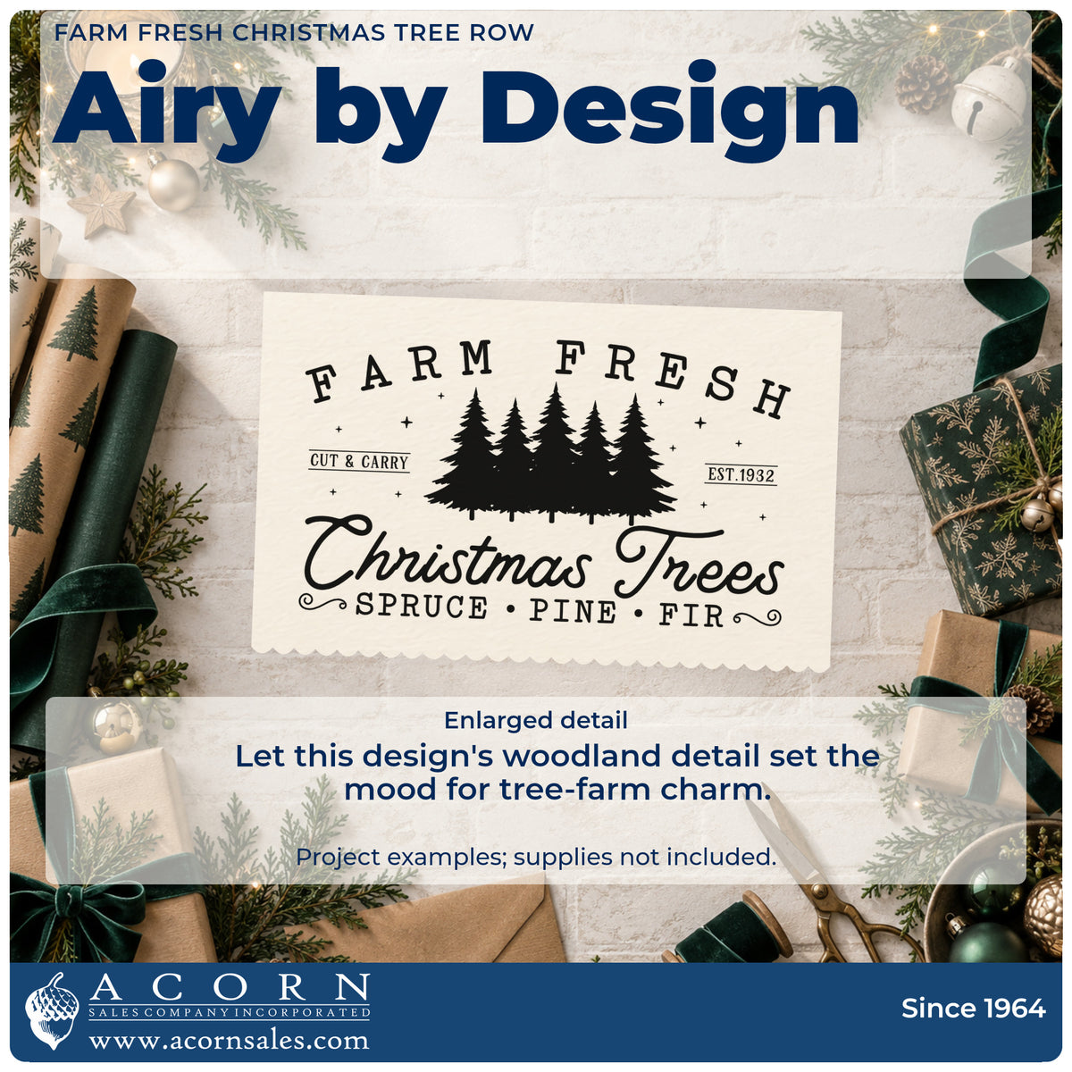 Enlarged detail of the Farm Fresh Christmas Tree Row Self-Inking Stamp imprint. A row of pine trees appears within "Farm fresh Christmas trees," with cut-and-carry wording and "spruce pine fir."