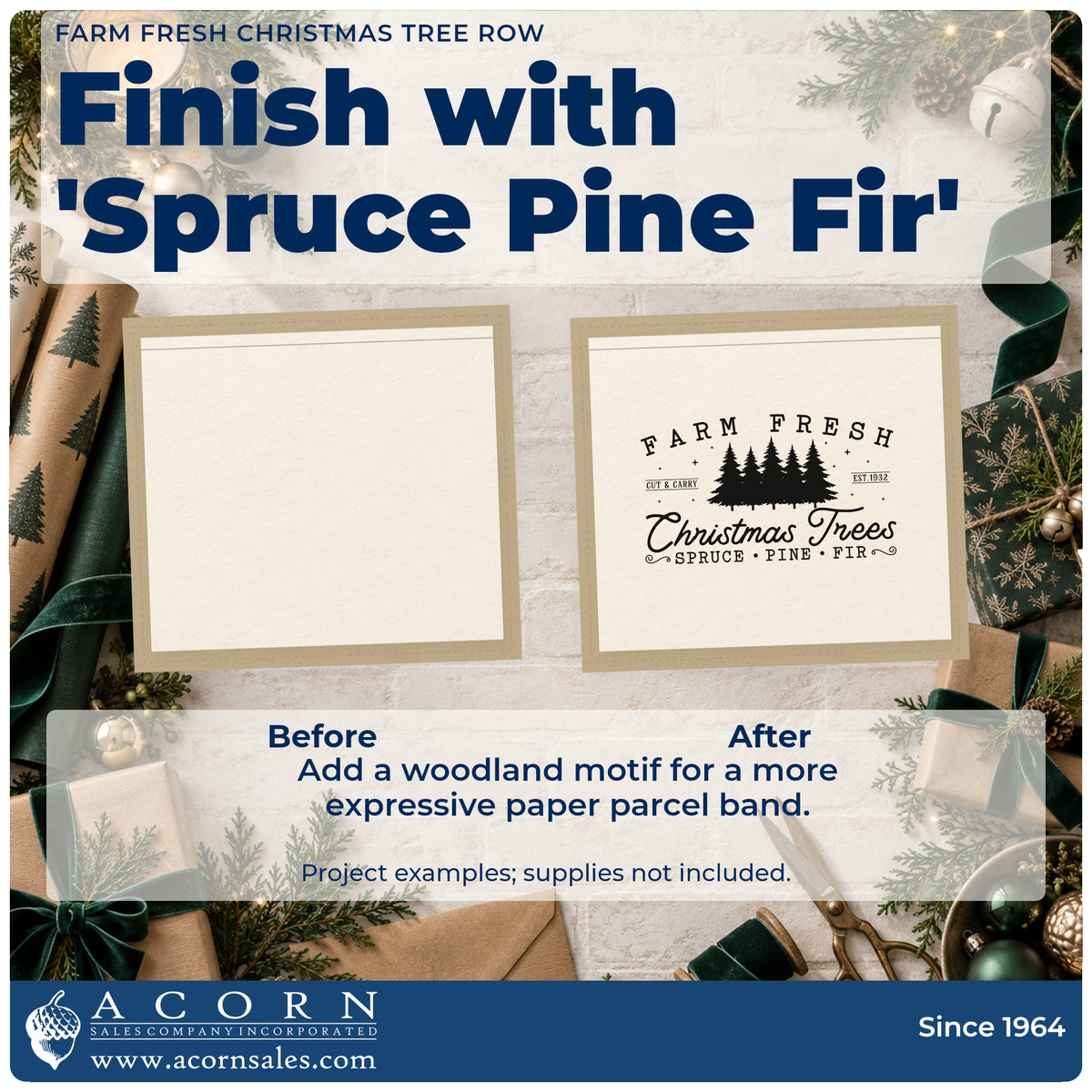 Before and after of a plain item finished with the Duo Hand Farm Fresh Christmas Tree Row Rubber Stamp, a quick upgrade for framed lot entry.